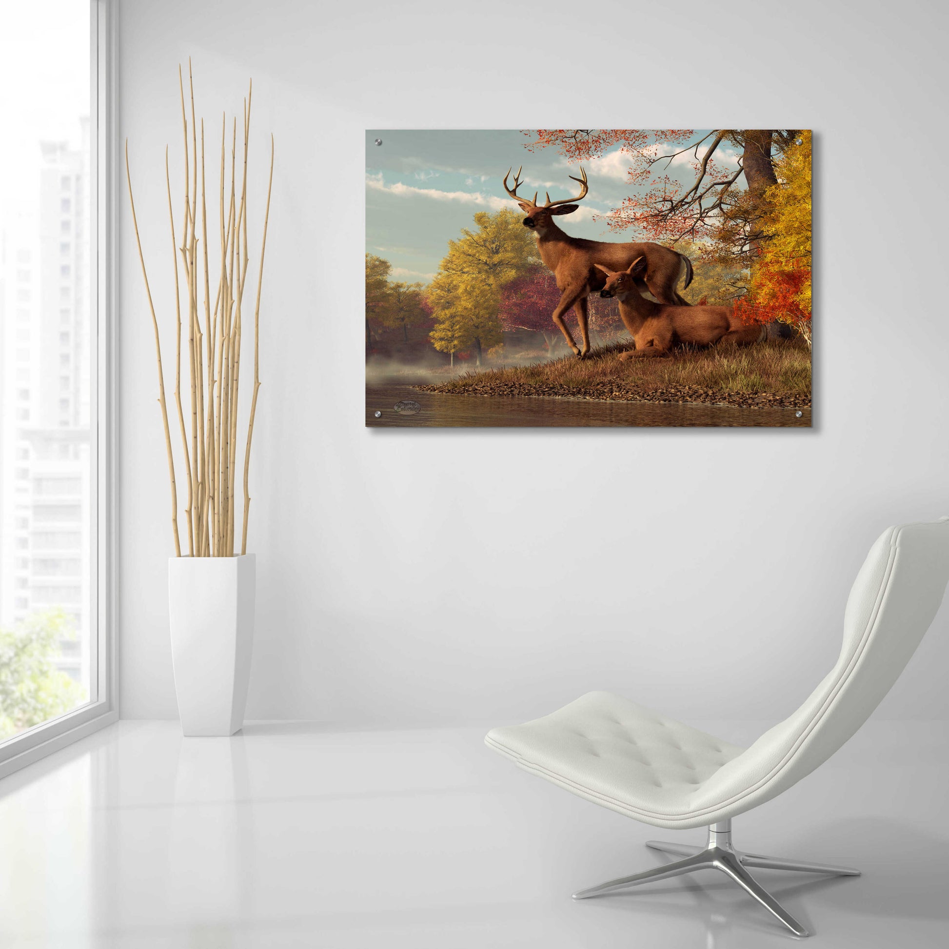 Epic Art 'Deer On An Autumn Lakeshore' by Daniel Eskridge, Acrylic Glass Wall Art,36x24