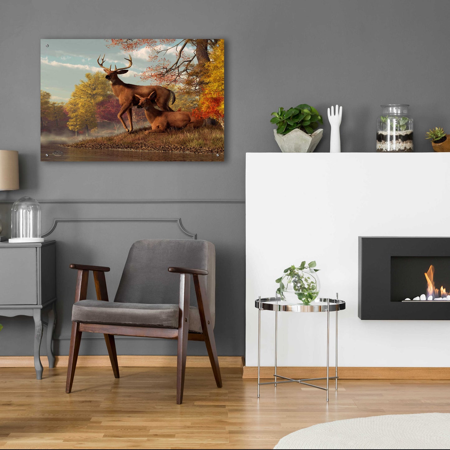 Epic Art 'Deer On An Autumn Lakeshore' by Daniel Eskridge, Acrylic Glass Wall Art,36x24