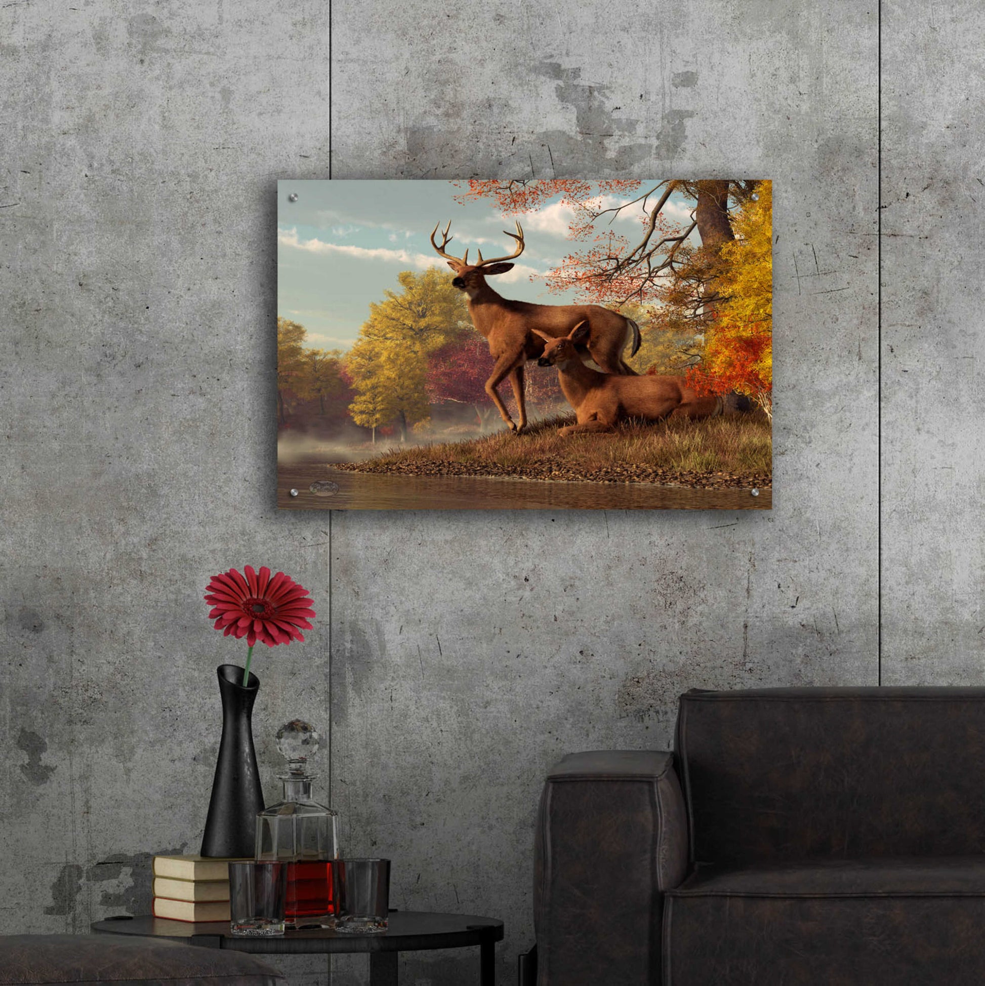 Epic Art 'Deer On An Autumn Lakeshore' by Daniel Eskridge, Acrylic Glass Wall Art,36x24