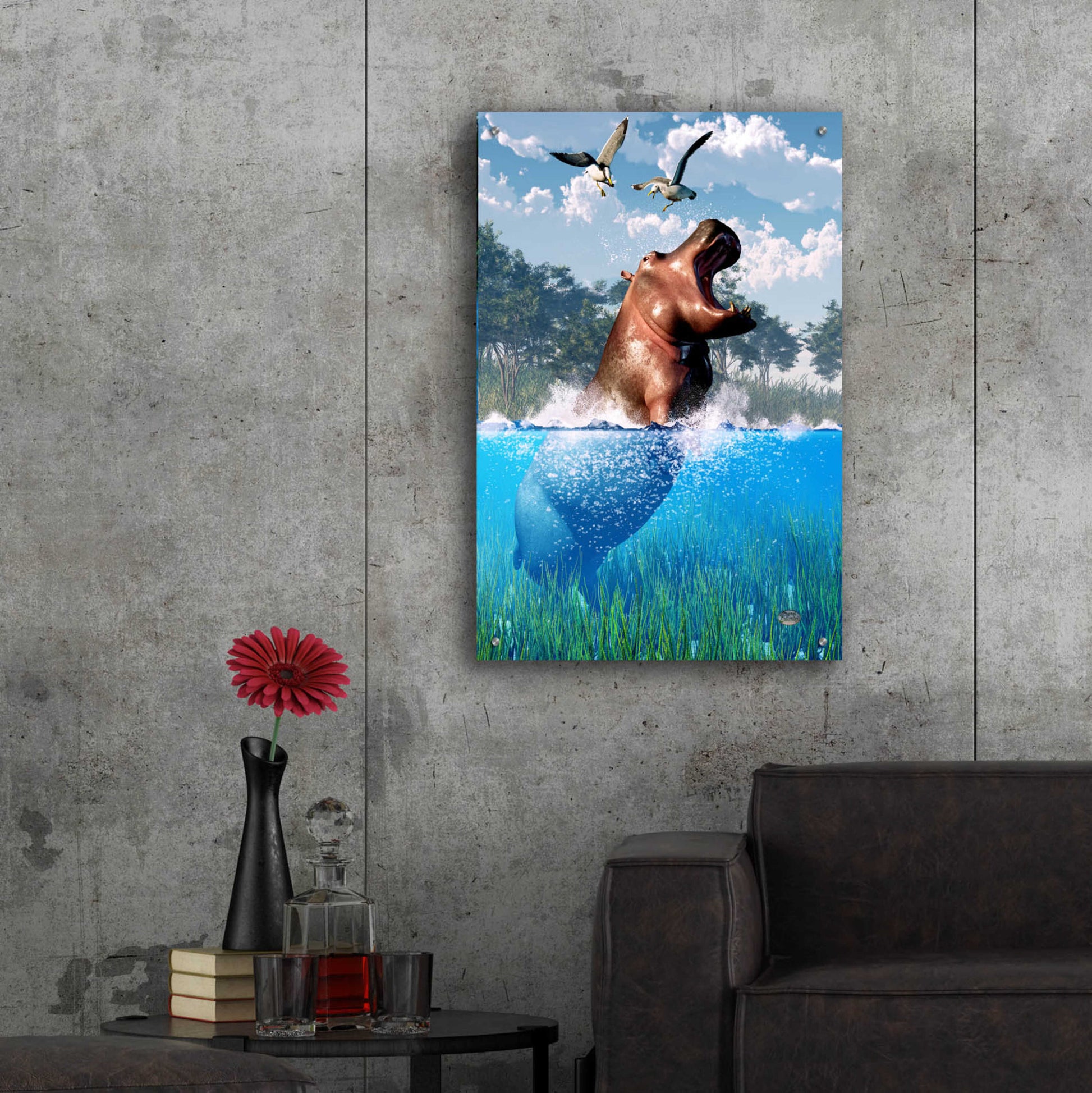 Epic Art 'Lunging Hippo' by Daniel Eskridge, Acrylic Glass Wall Art,24x36