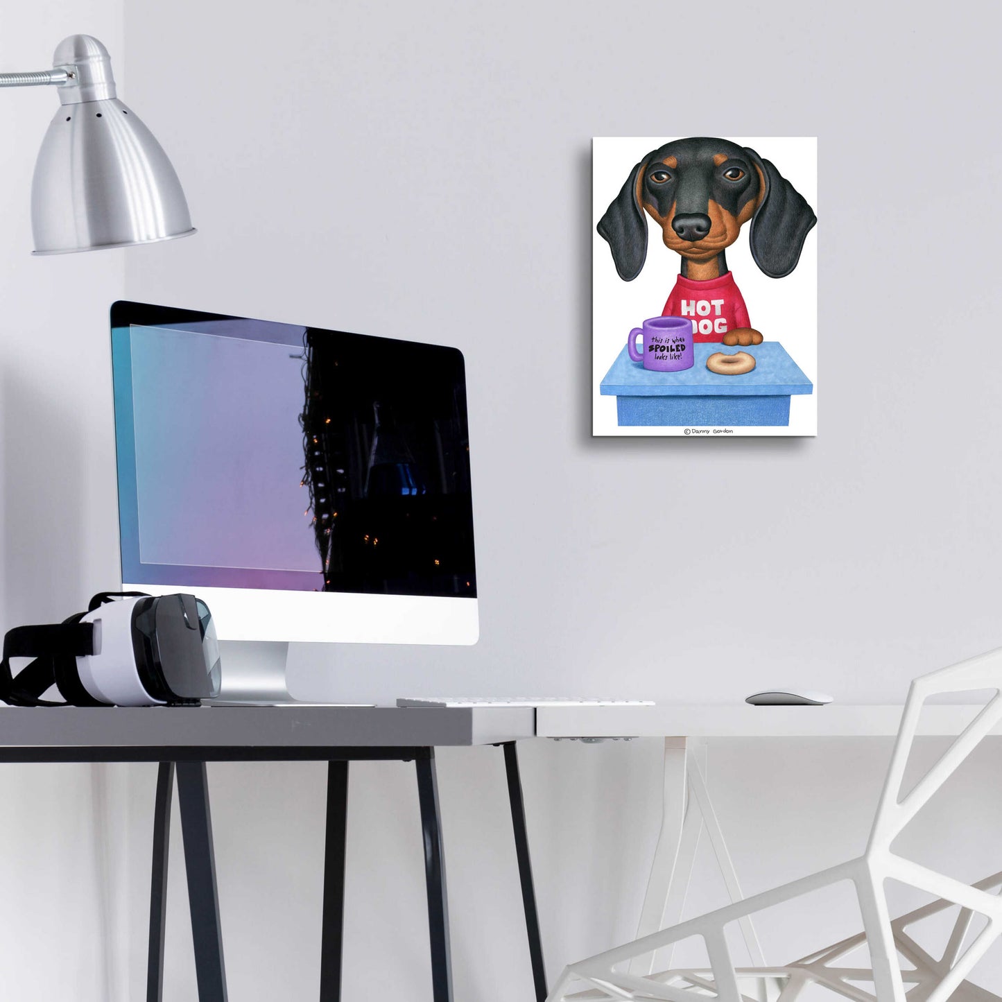 Epic Art 'Black Dachshund Coffee and Donut' by Danny Gordon Art, Acrylic Glass Wall Art,12x16