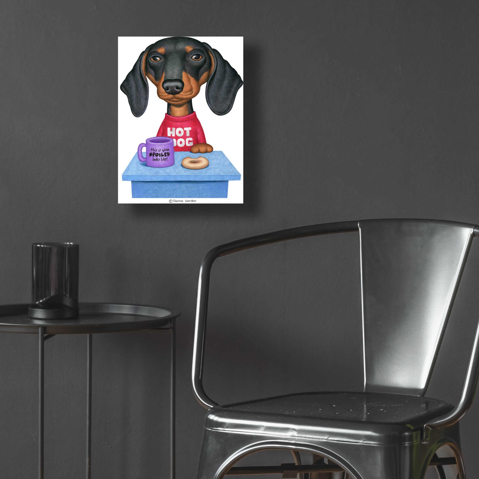 Epic Art 'Black Dachshund Coffee and Donut' by Danny Gordon Art, Acrylic Glass Wall Art,12x16