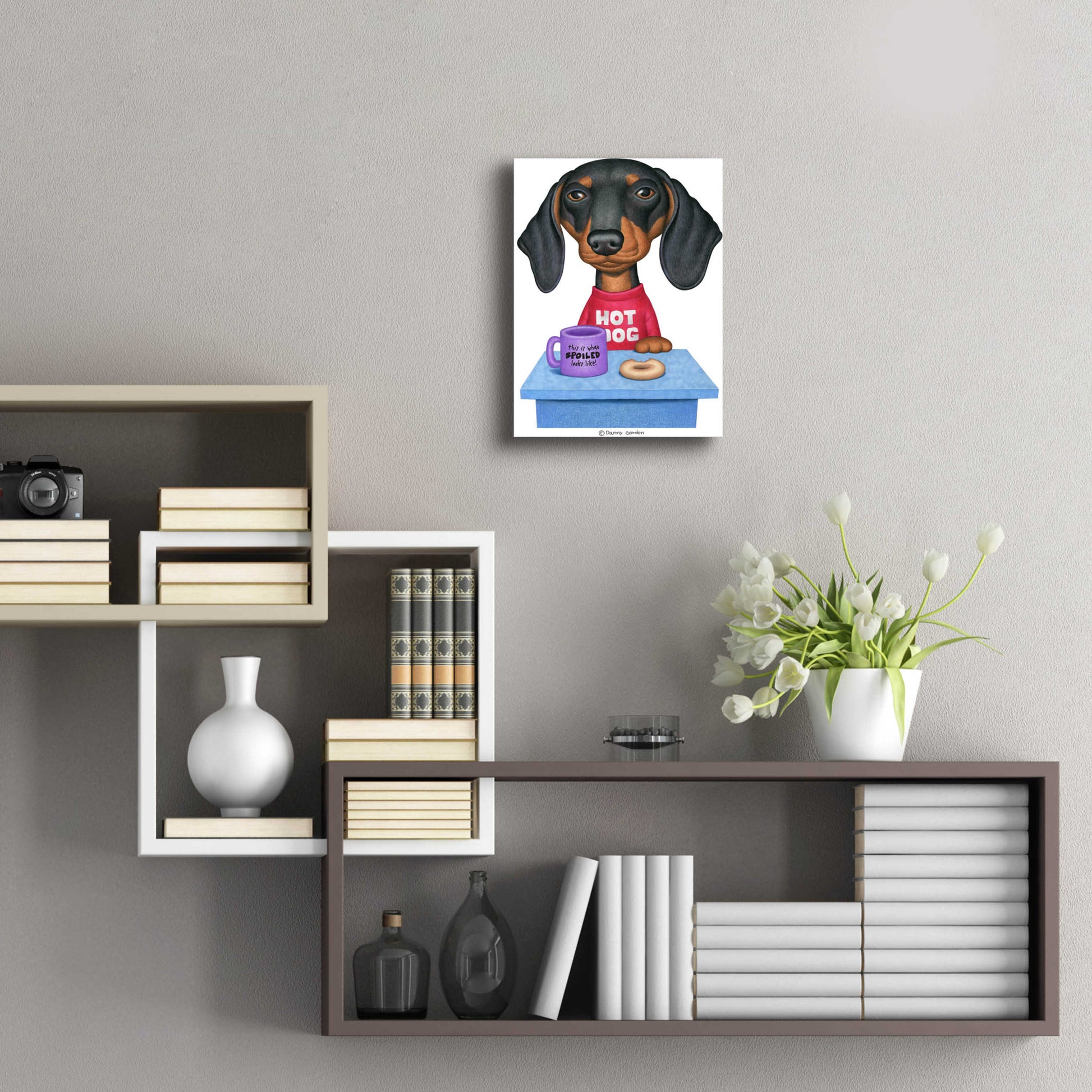 Epic Art 'Black Dachshund Coffee and Donut' by Danny Gordon Art, Acrylic Glass Wall Art,12x16