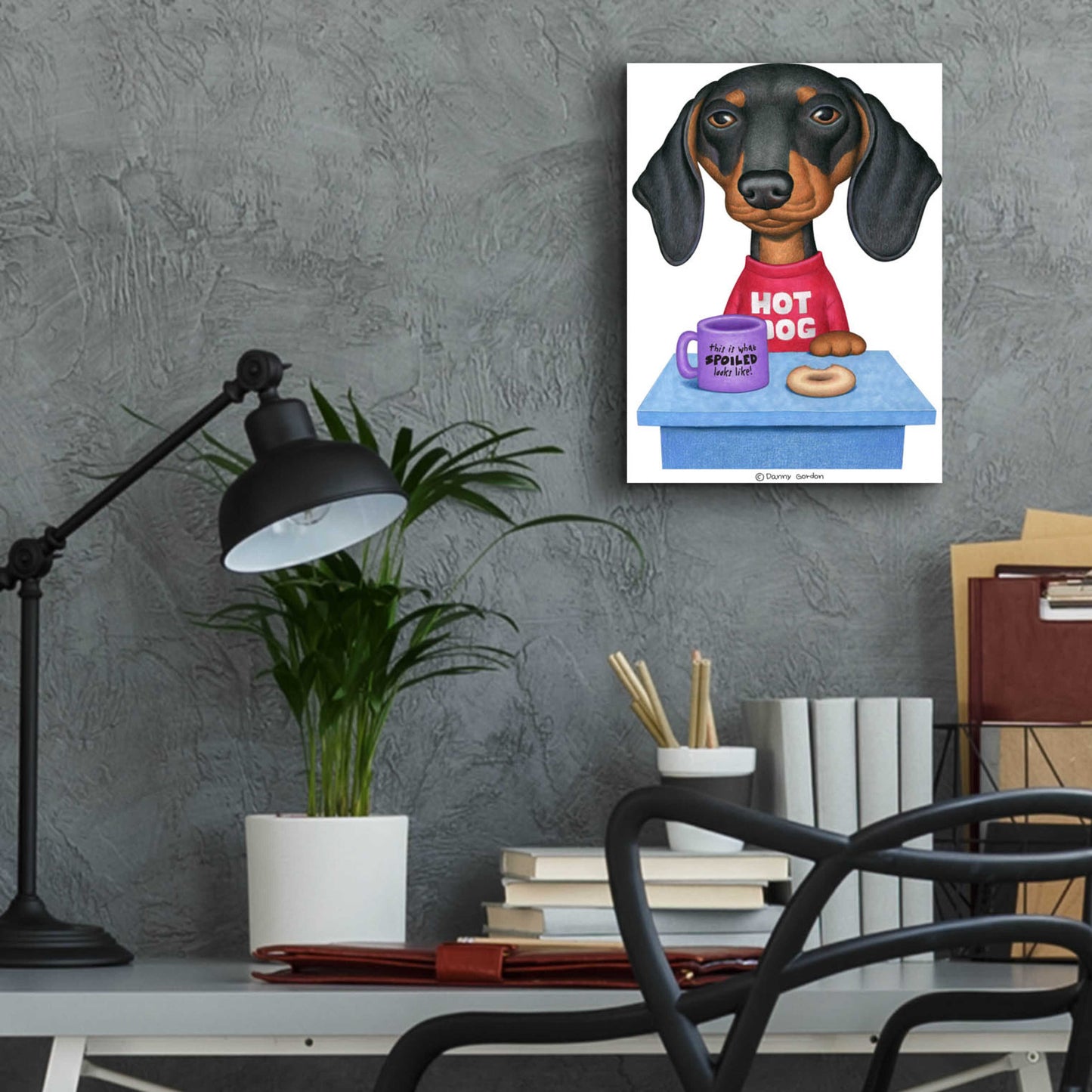 Epic Art 'Black Dachshund Coffee and Donut' by Danny Gordon Art, Acrylic Glass Wall Art,12x16