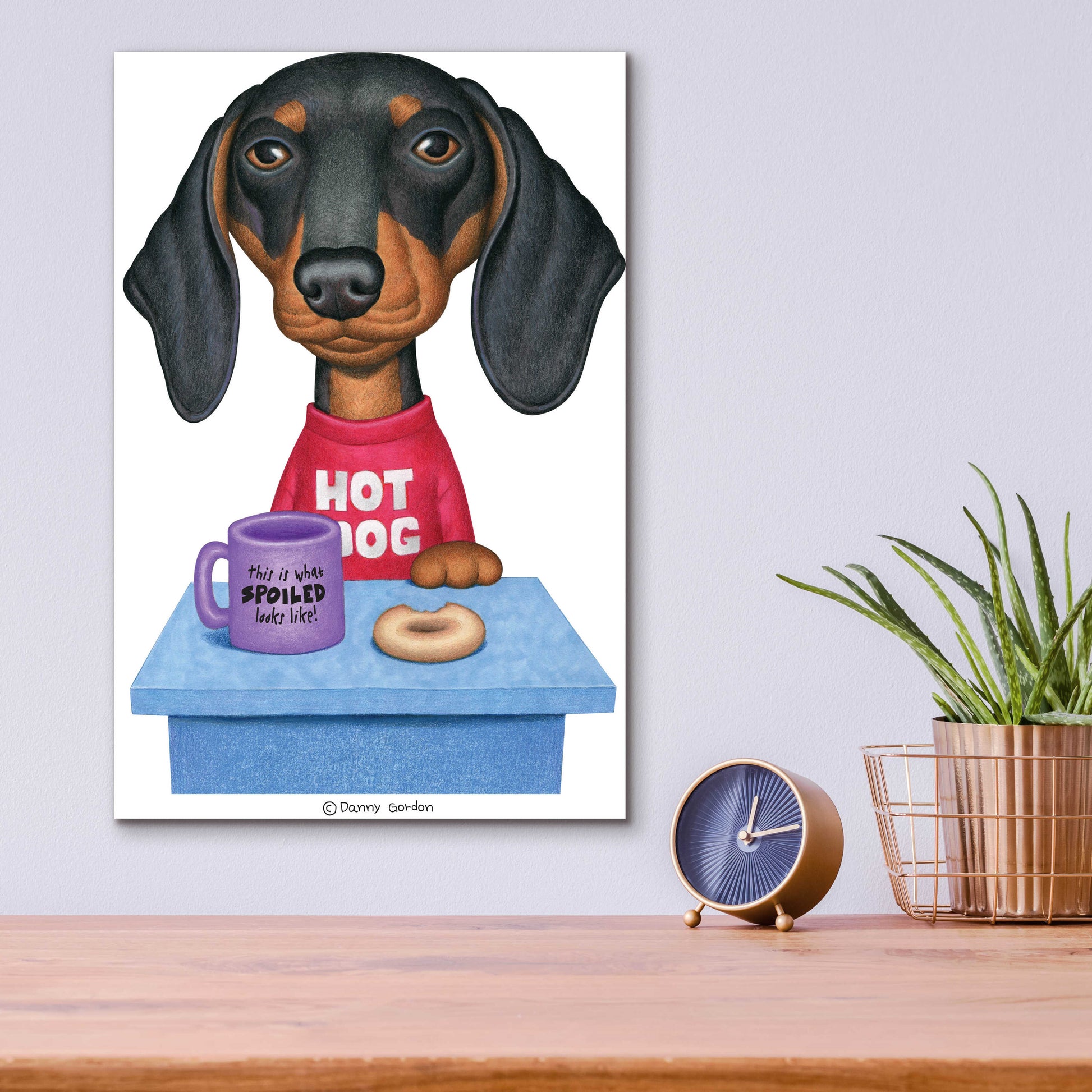 Epic Art 'Black Dachshund Coffee and Donut' by Danny Gordon Art, Acrylic Glass Wall Art,12x16