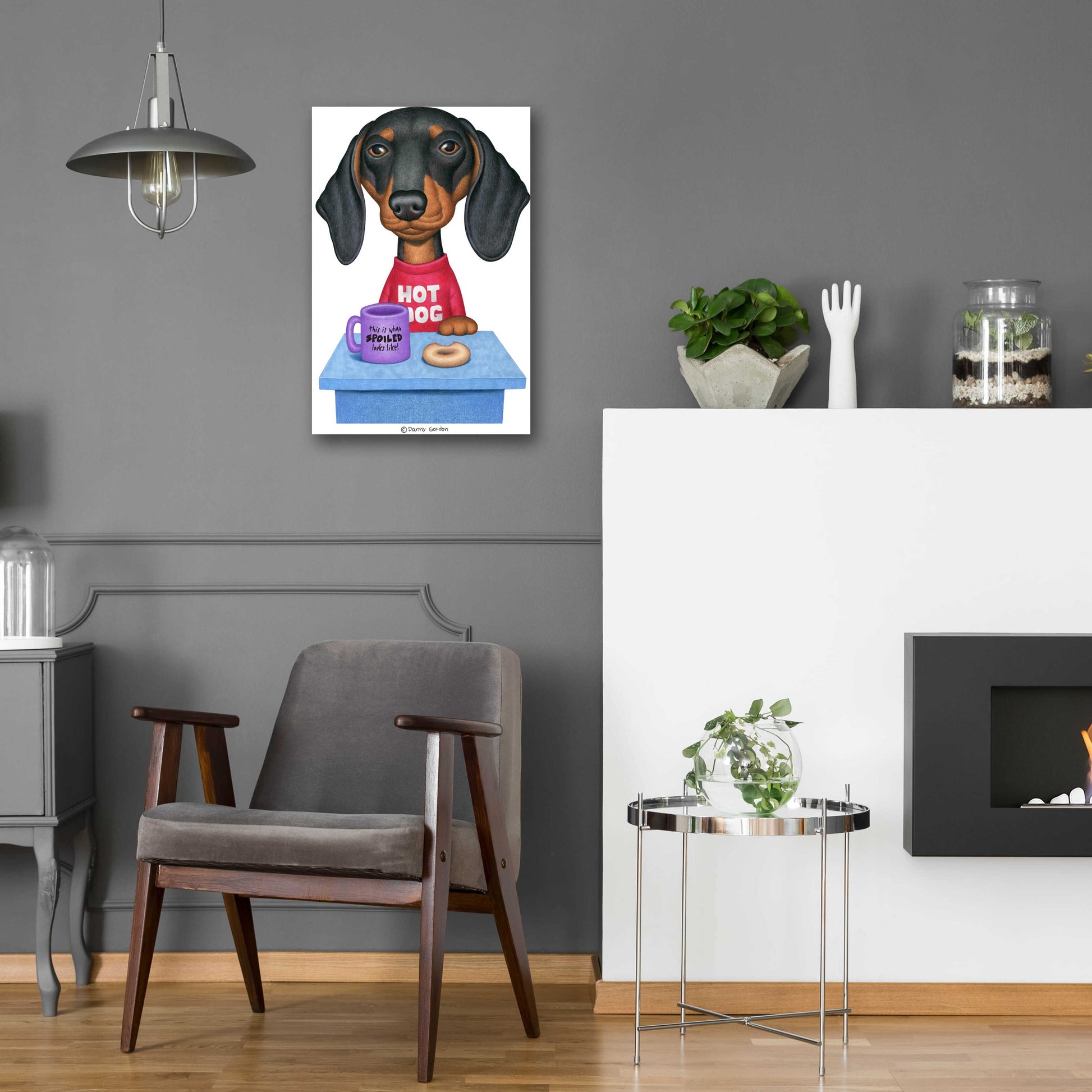 Epic Art 'Black Dachshund Coffee and Donut' by Danny Gordon Art, Acrylic Glass Wall Art,16x24