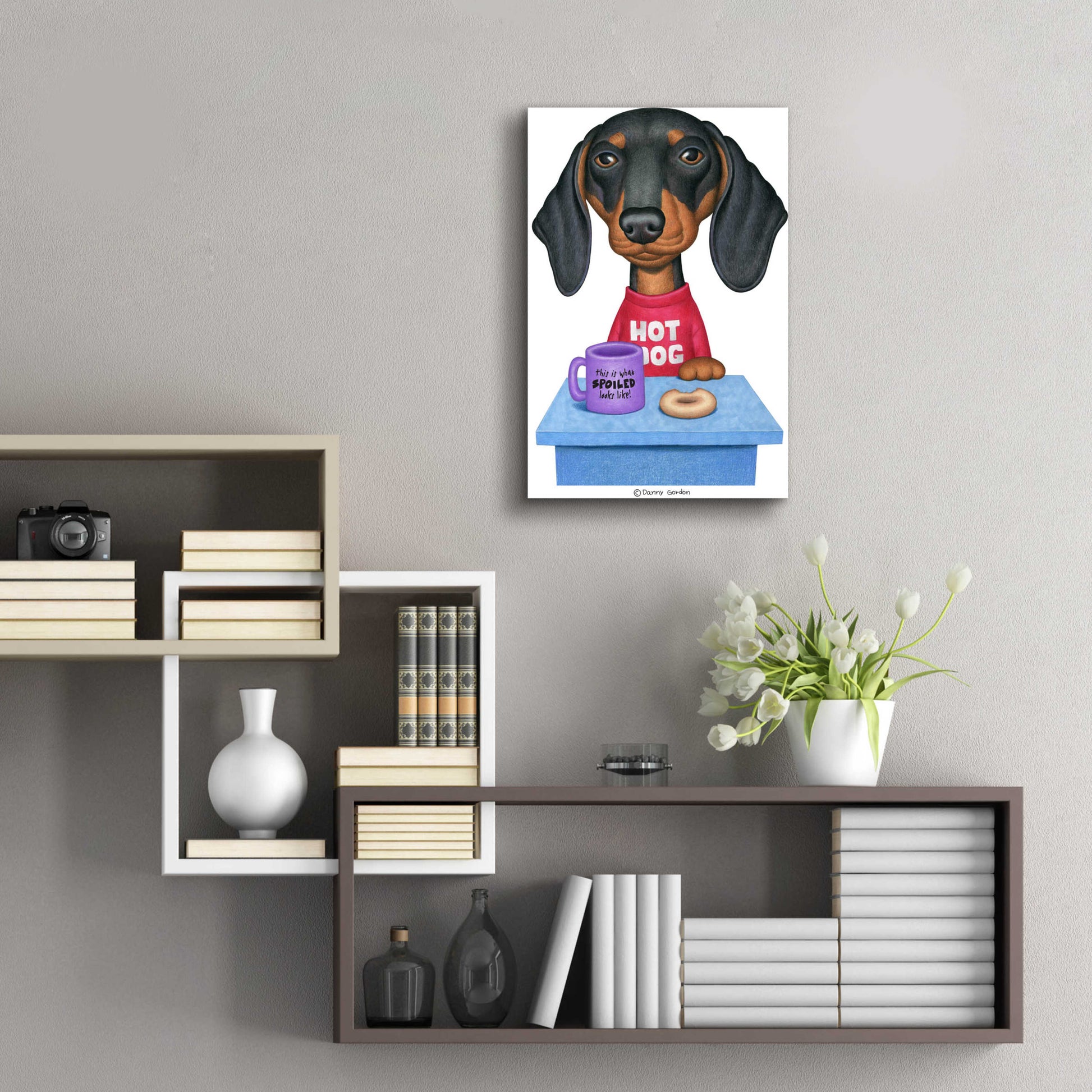 Epic Art 'Black Dachshund Coffee and Donut' by Danny Gordon Art, Acrylic Glass Wall Art,16x24