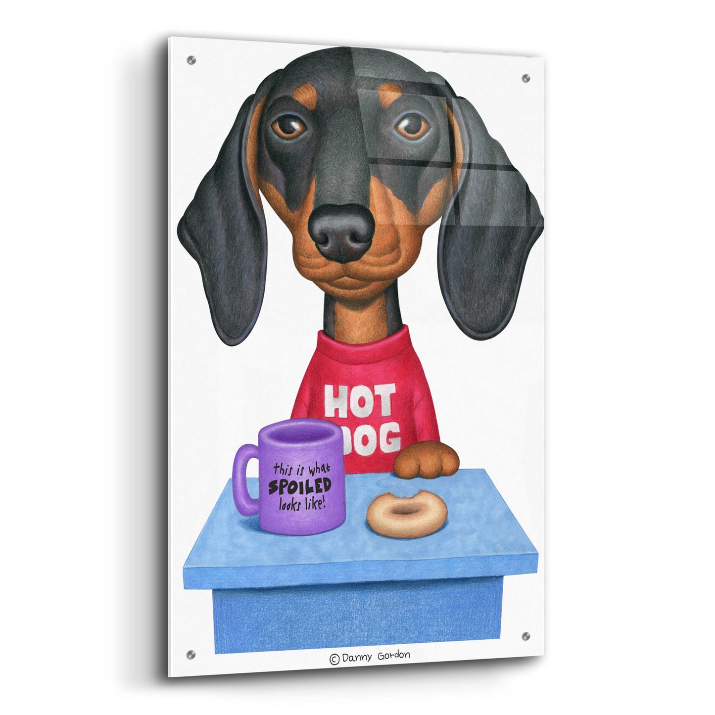 Epic Art 'Black Dachshund Coffee and Donut' by Danny Gordon Art, Acrylic Glass Wall Art,24x36