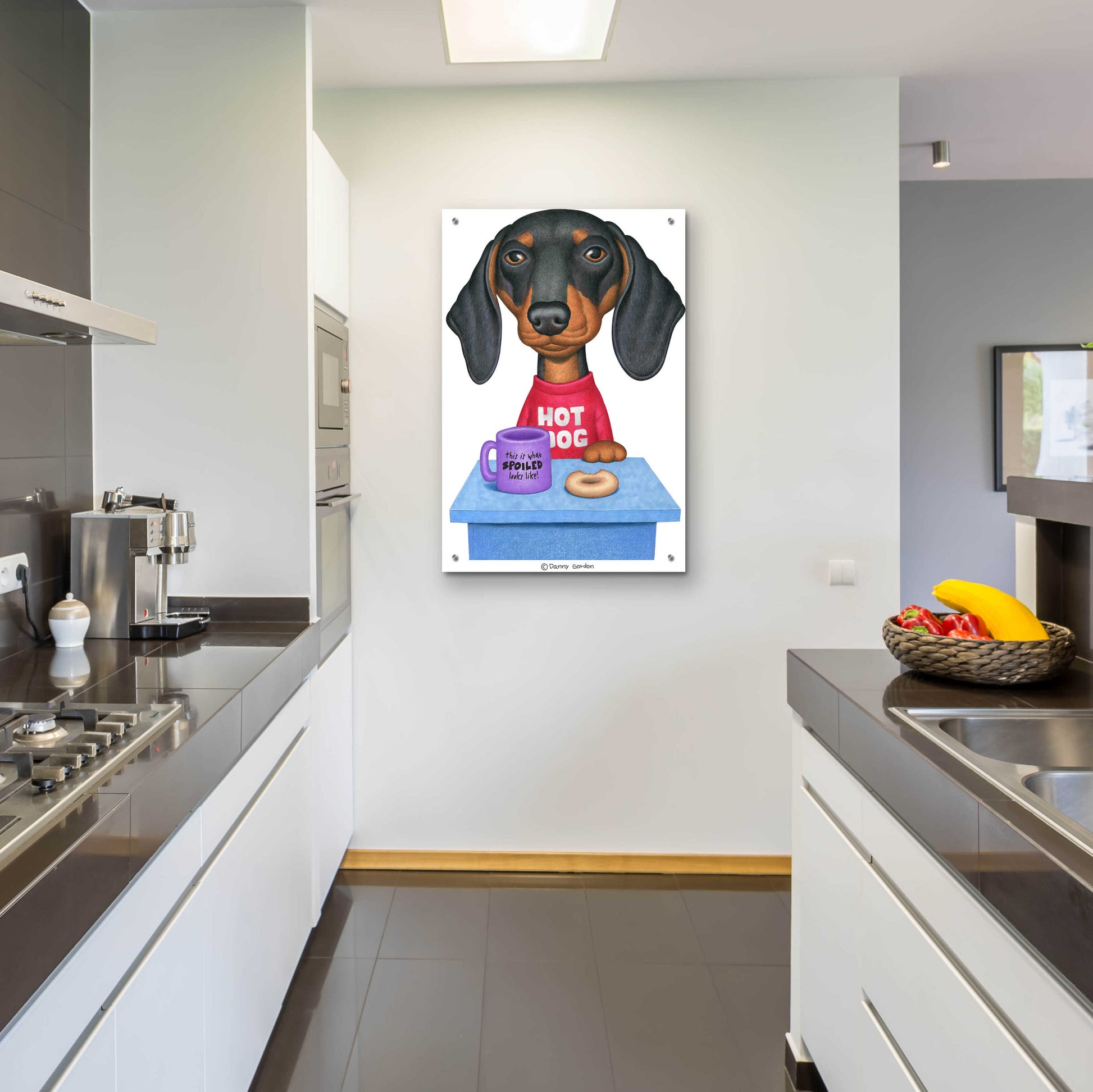 Epic Art 'Black Dachshund Coffee and Donut' by Danny Gordon Art, Acrylic Glass Wall Art,24x36