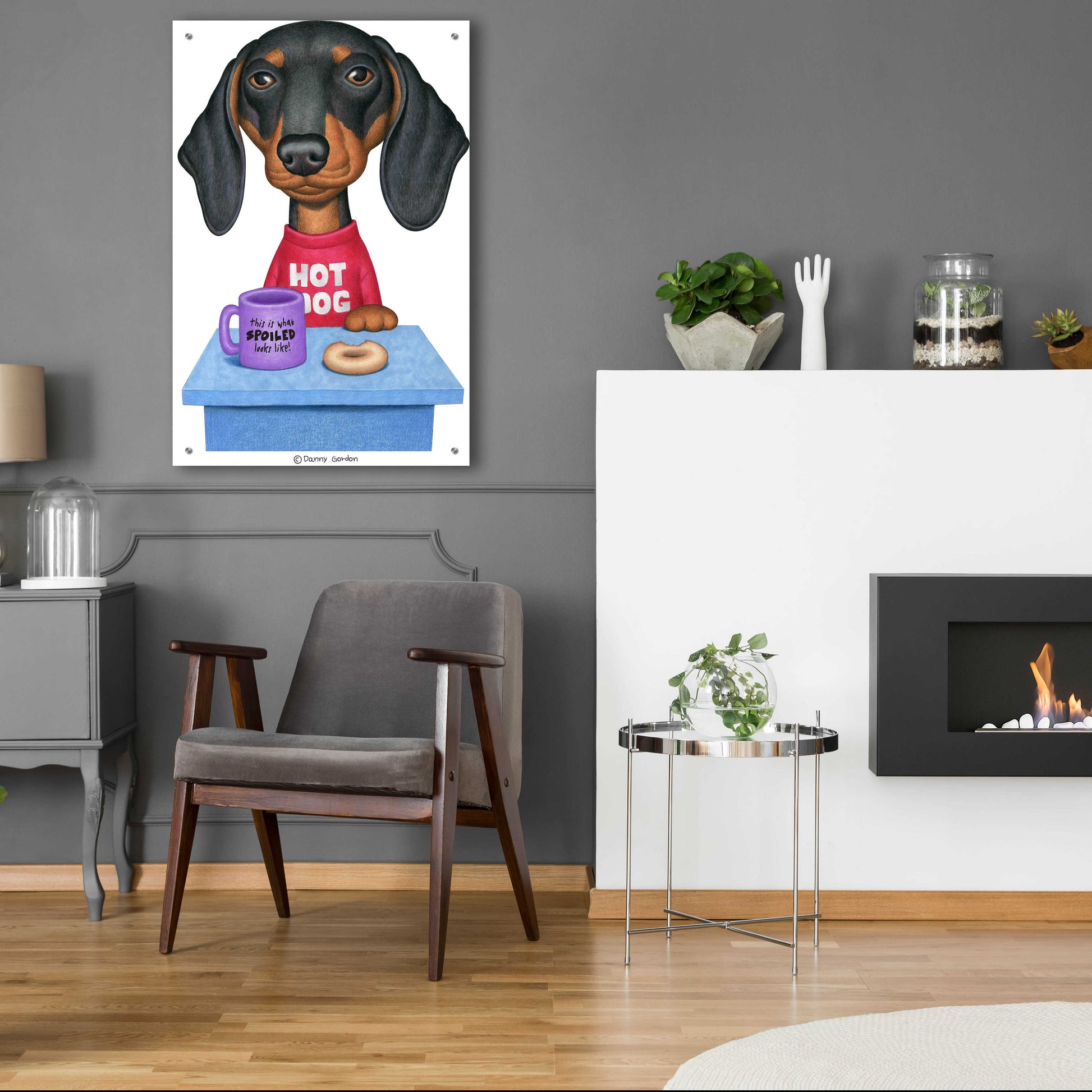 Epic Art 'Black Dachshund Coffee and Donut' by Danny Gordon Art, Acrylic Glass Wall Art,24x36