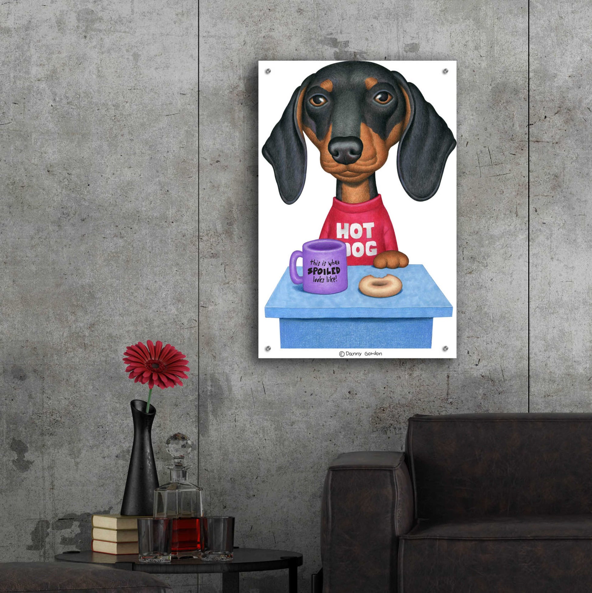 Epic Art 'Black Dachshund Coffee and Donut' by Danny Gordon Art, Acrylic Glass Wall Art,24x36