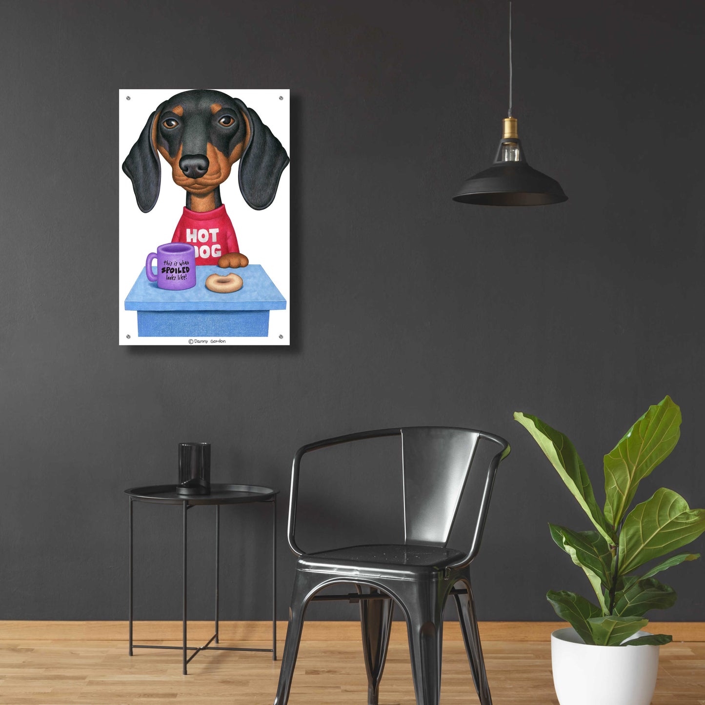 Epic Art 'Black Dachshund Coffee and Donut' by Danny Gordon Art, Acrylic Glass Wall Art,24x36