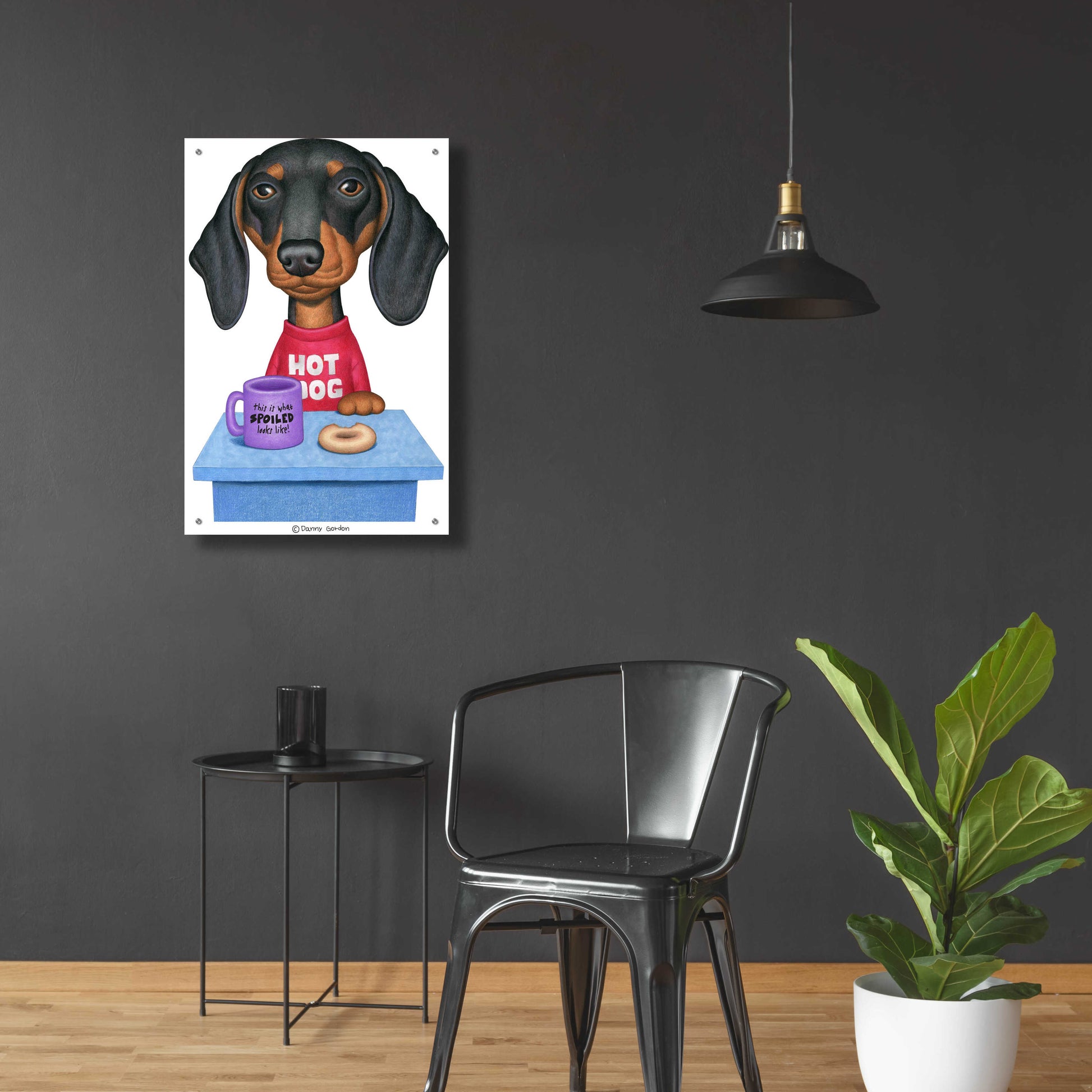 Epic Art 'Black Dachshund Coffee and Donut' by Danny Gordon Art, Acrylic Glass Wall Art,24x36