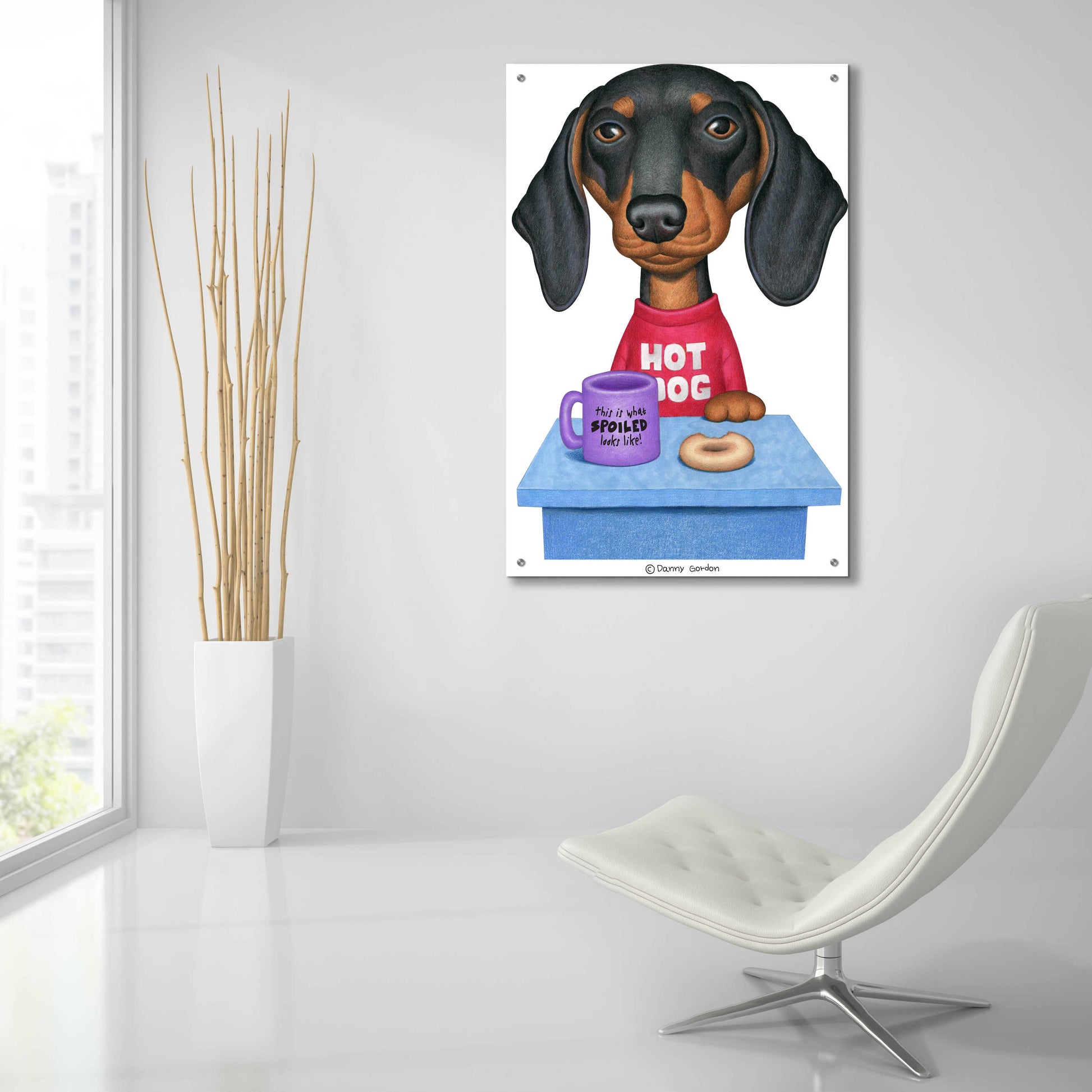 Epic Art 'Black Dachshund Coffee and Donut' by Danny Gordon Art, Acrylic Glass Wall Art,24x36