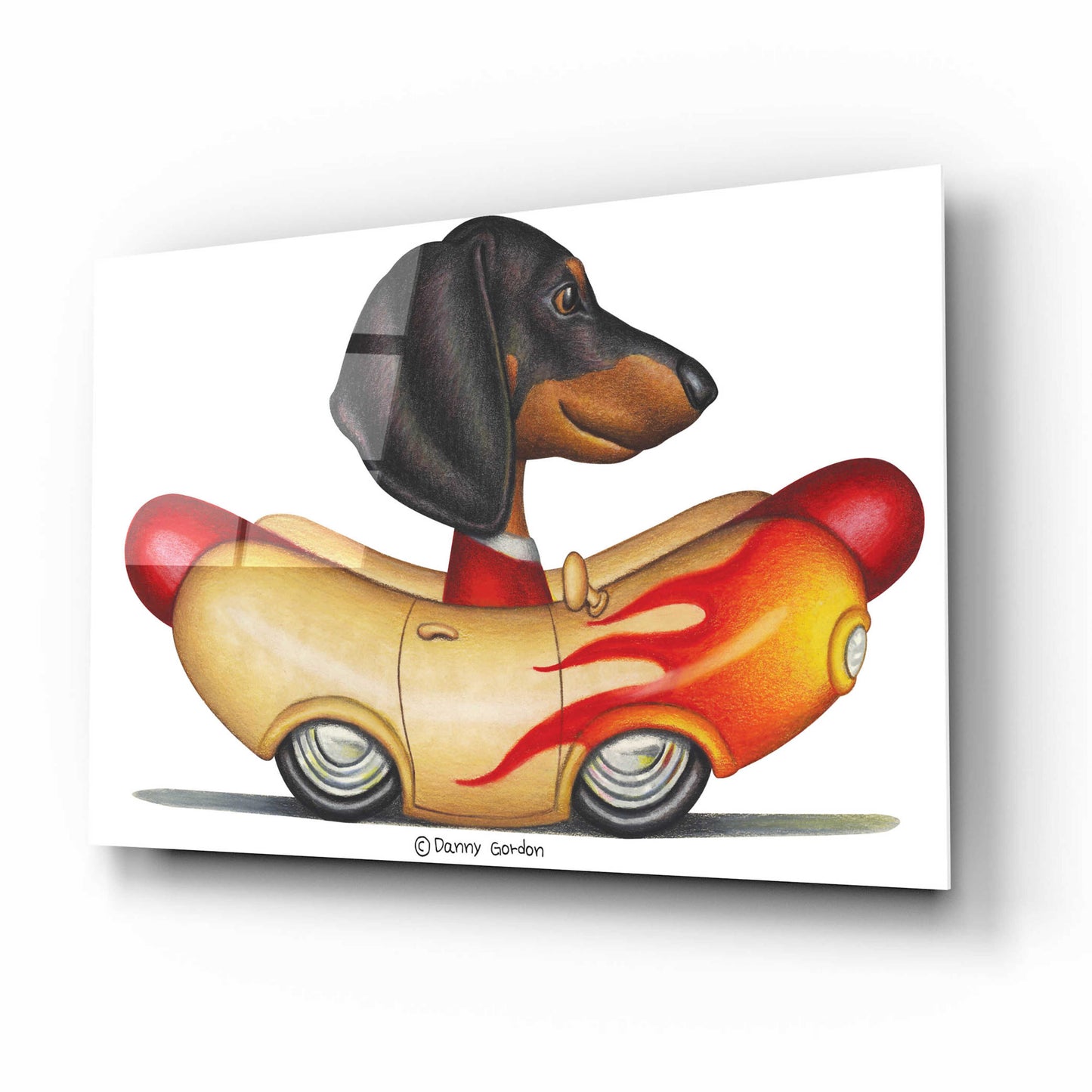 Epic Art 'Black Dachshund Flaming Hotdog Car' by Danny Gordon Art, Acrylic Glass Wall Art,16x12