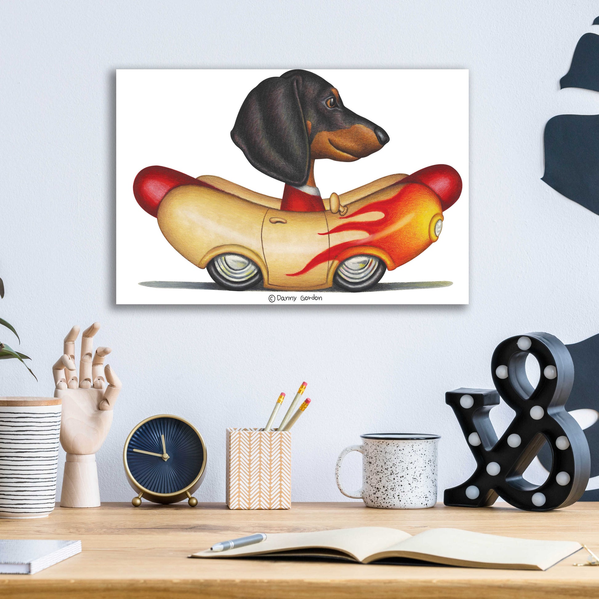 Epic Art 'Black Dachshund Flaming Hotdog Car' by Danny Gordon Art, Acrylic Glass Wall Art,16x12