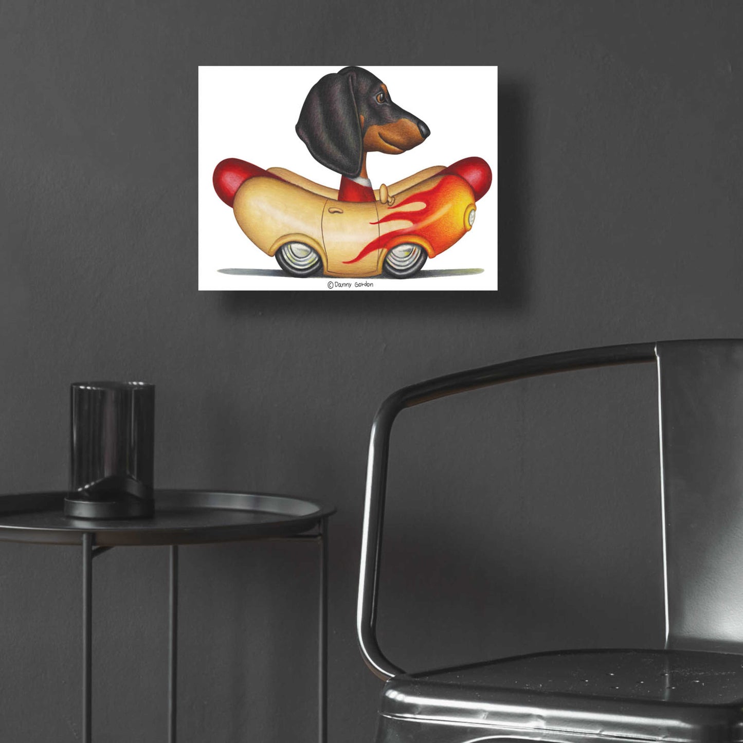 Epic Art 'Black Dachshund Flaming Hotdog Car' by Danny Gordon Art, Acrylic Glass Wall Art,16x12