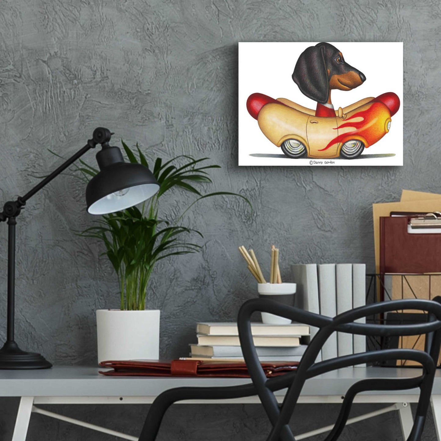 Epic Art 'Black Dachshund Flaming Hotdog Car' by Danny Gordon Art, Acrylic Glass Wall Art,16x12