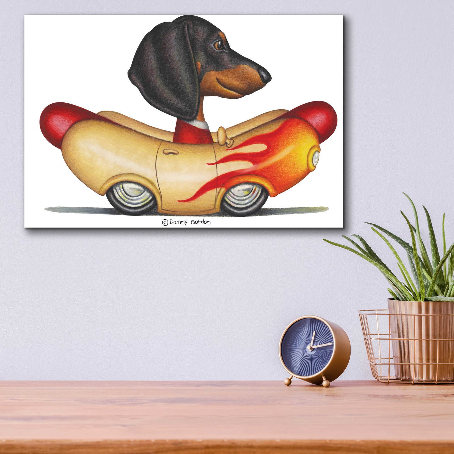 Epic Art 'Black Dachshund Flaming Hotdog Car' by Danny Gordon Art, Acrylic Glass Wall Art,16x12