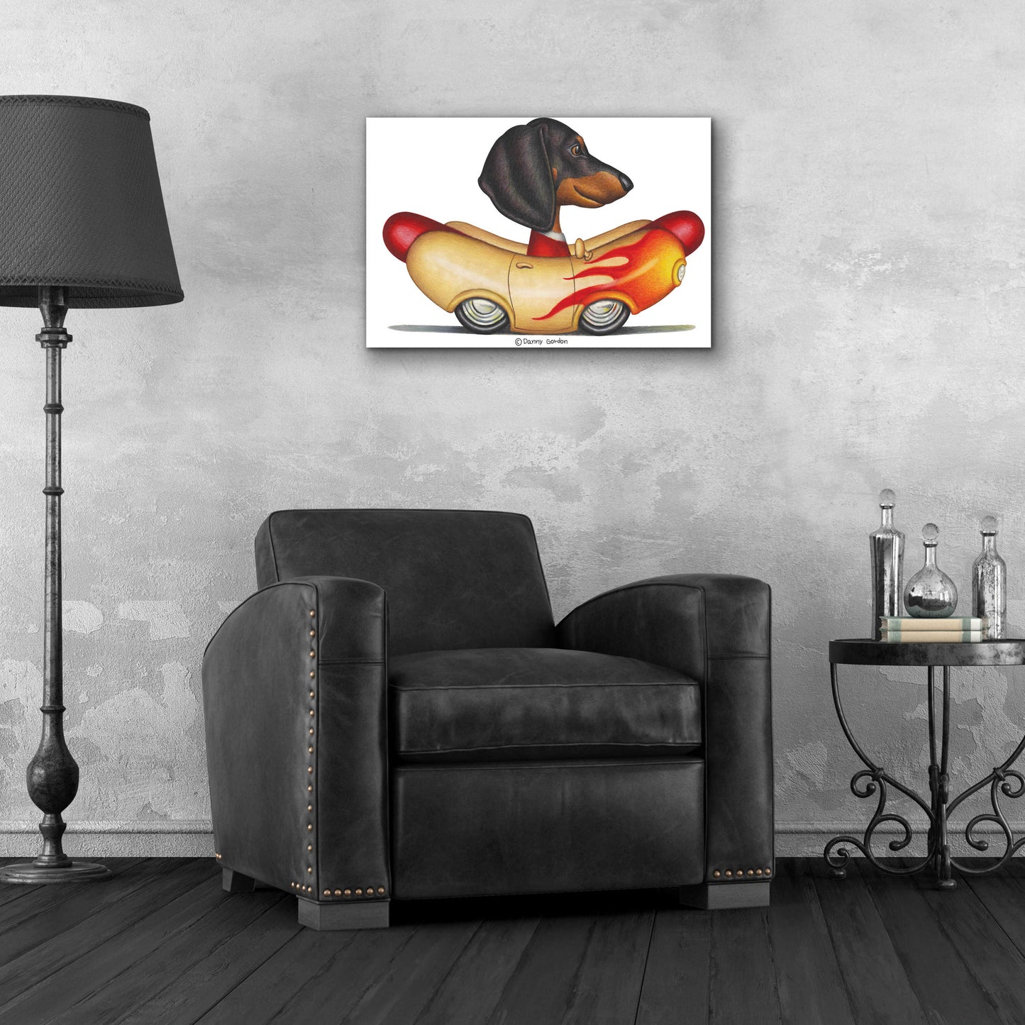 Epic Art 'Black Dachshund Flaming Hotdog Car' by Danny Gordon Art, Acrylic Glass Wall Art,24x16