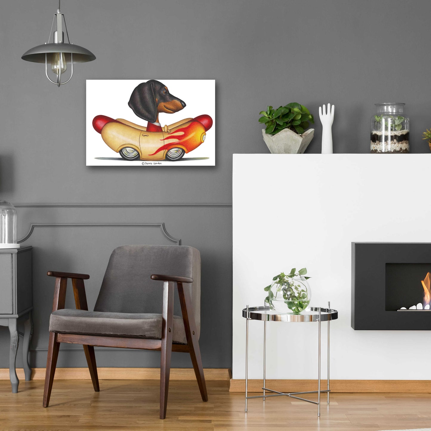 Epic Art 'Black Dachshund Flaming Hotdog Car' by Danny Gordon Art, Acrylic Glass Wall Art,24x16