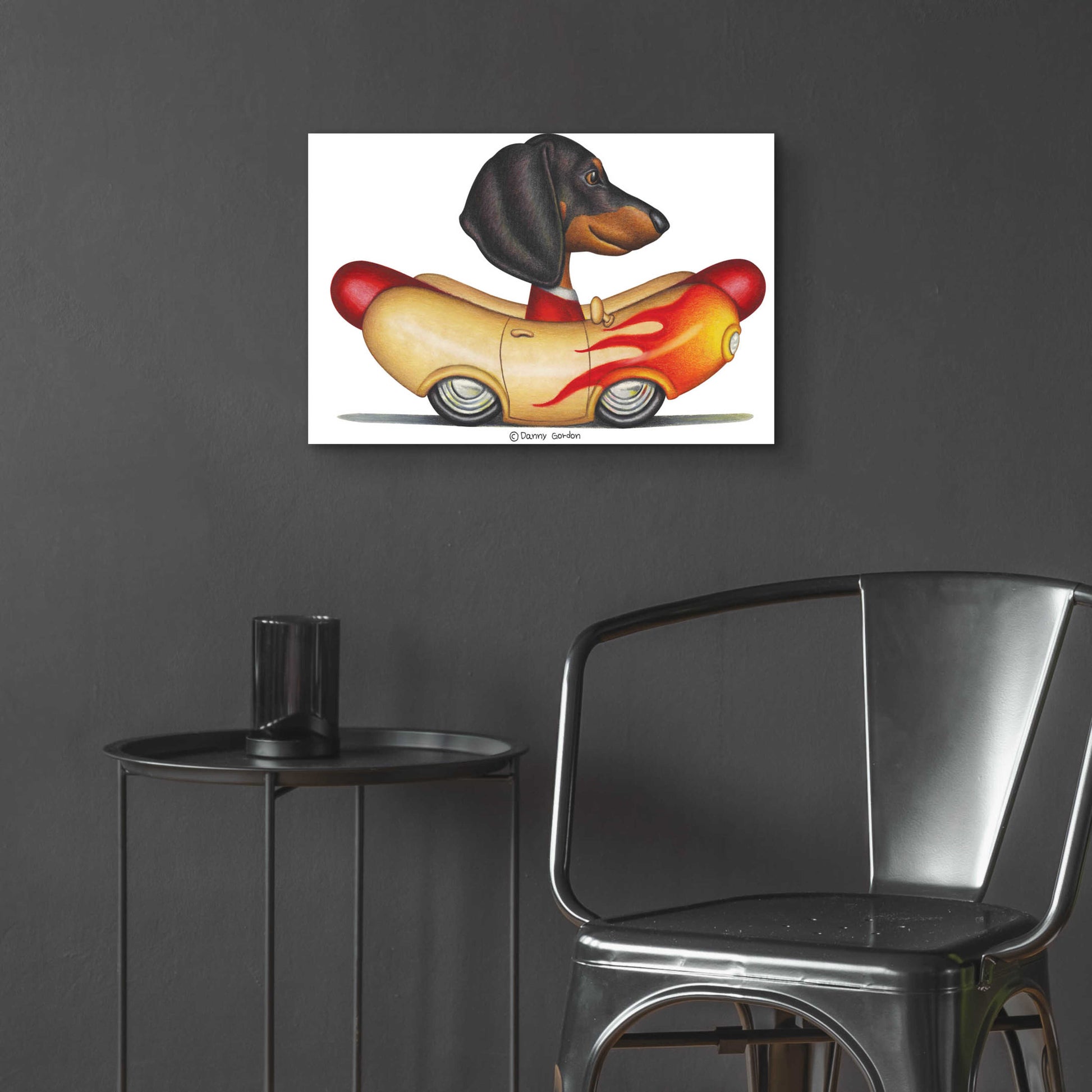 Epic Art 'Black Dachshund Flaming Hotdog Car' by Danny Gordon Art, Acrylic Glass Wall Art,24x16