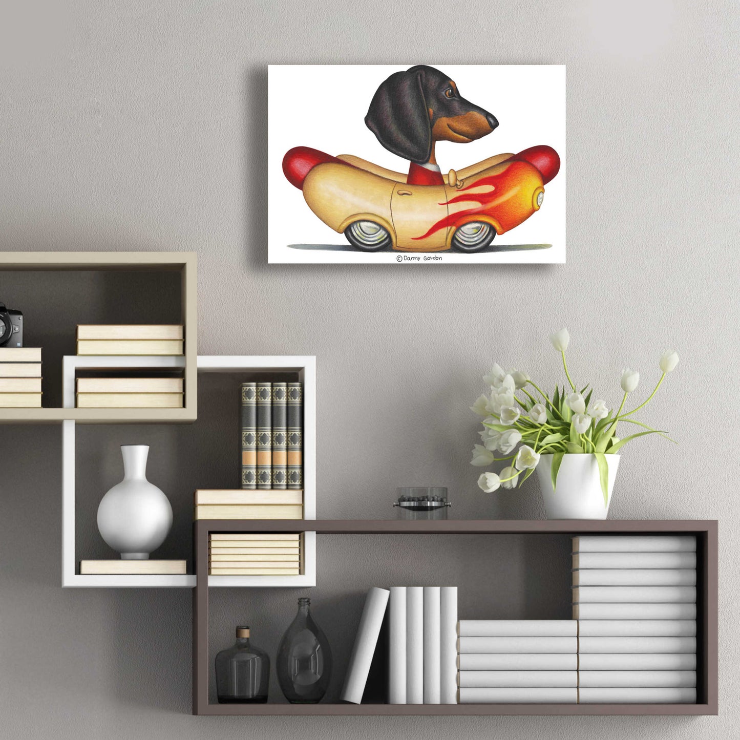 Epic Art 'Black Dachshund Flaming Hotdog Car' by Danny Gordon Art, Acrylic Glass Wall Art,24x16