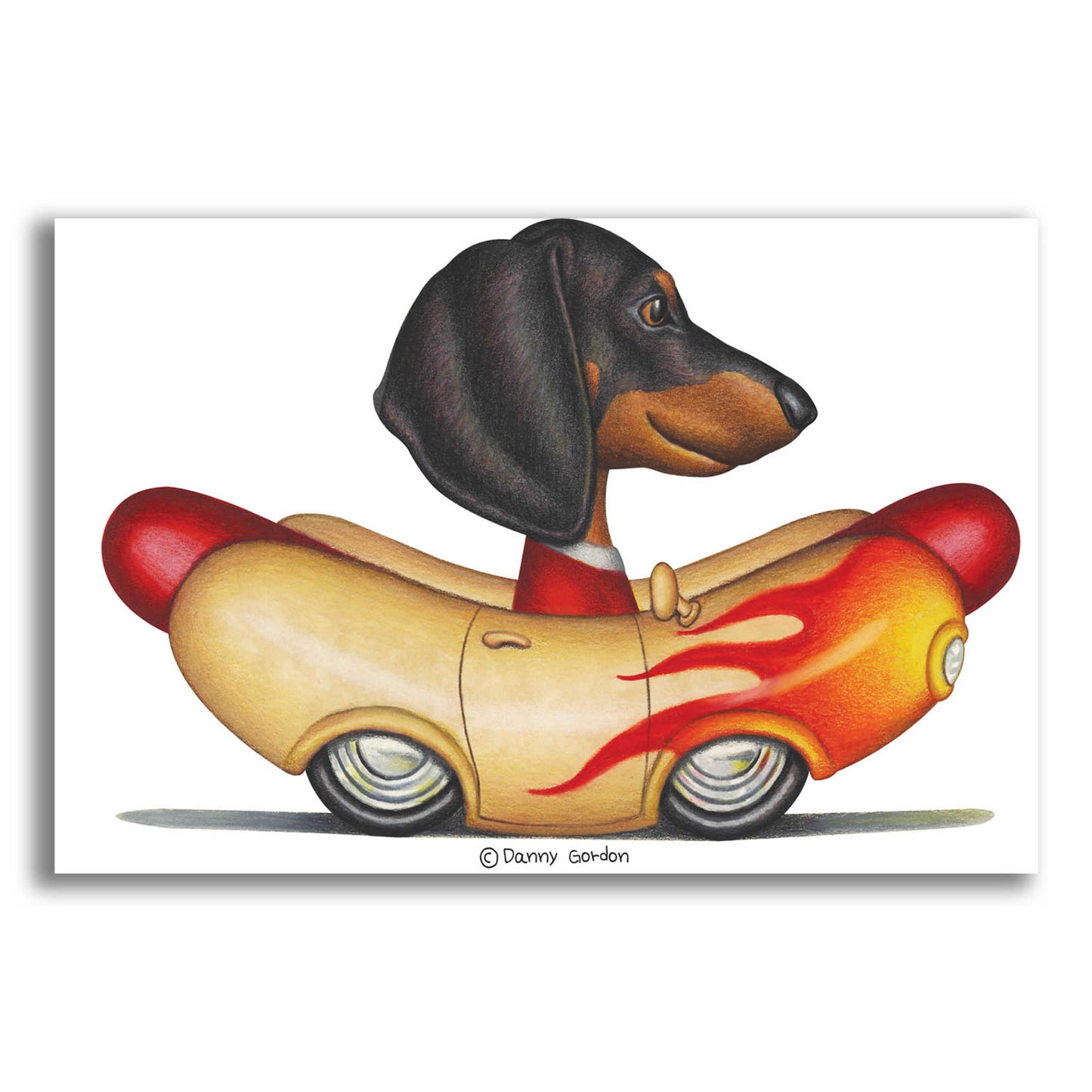 Epic Art 'Black Dachshund Flaming Hotdog Car' by Danny Gordon Art, Acrylic Glass Wall Art,24x16