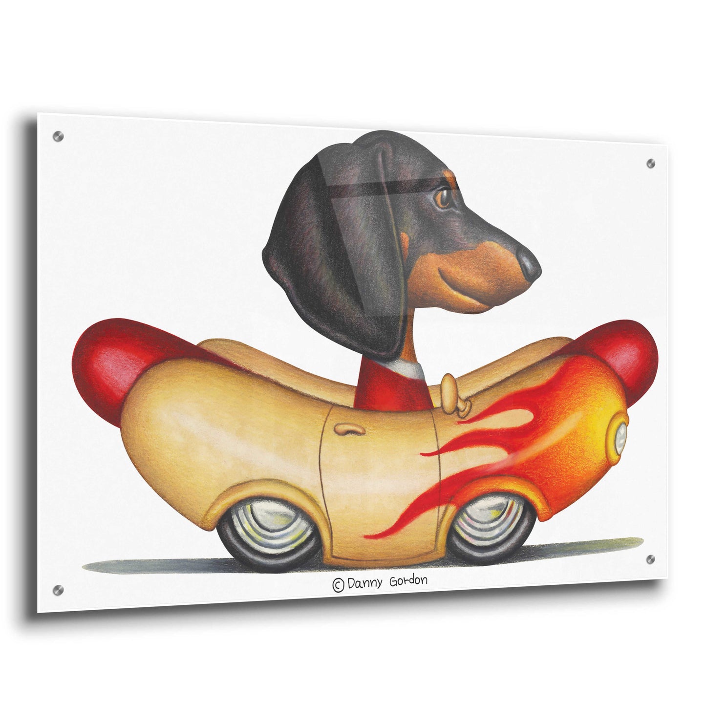 Epic Art 'Black Dachshund Flaming Hotdog Car' by Danny Gordon Art, Acrylic Glass Wall Art,36x24