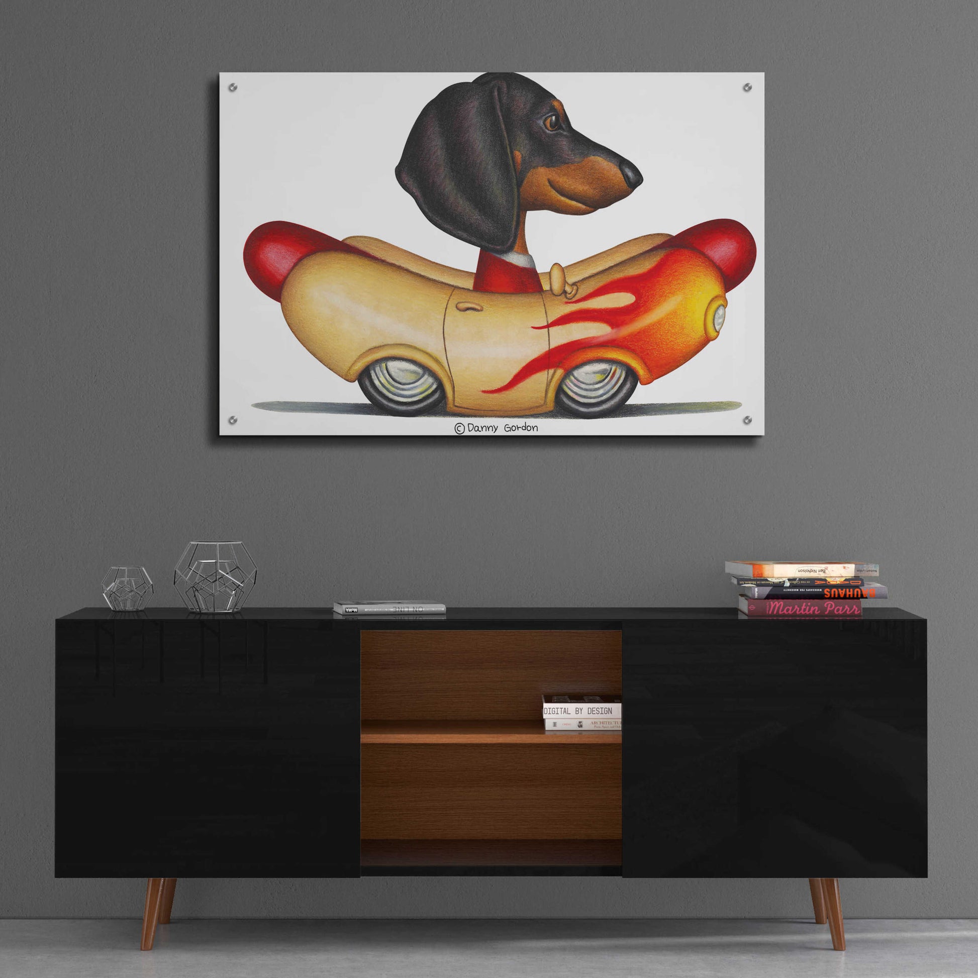 Epic Art 'Black Dachshund Flaming Hotdog Car' by Danny Gordon Art, Acrylic Glass Wall Art,36x24