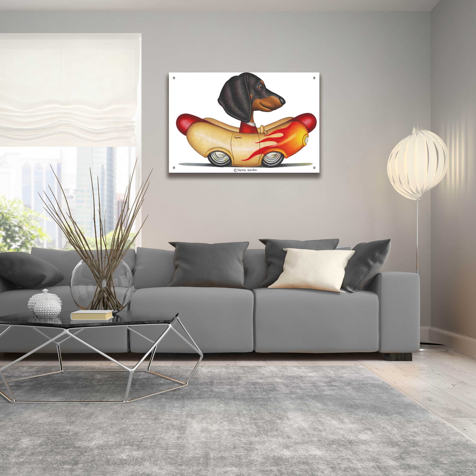 Epic Art 'Black Dachshund Flaming Hotdog Car' by Danny Gordon Art, Acrylic Glass Wall Art,36x24