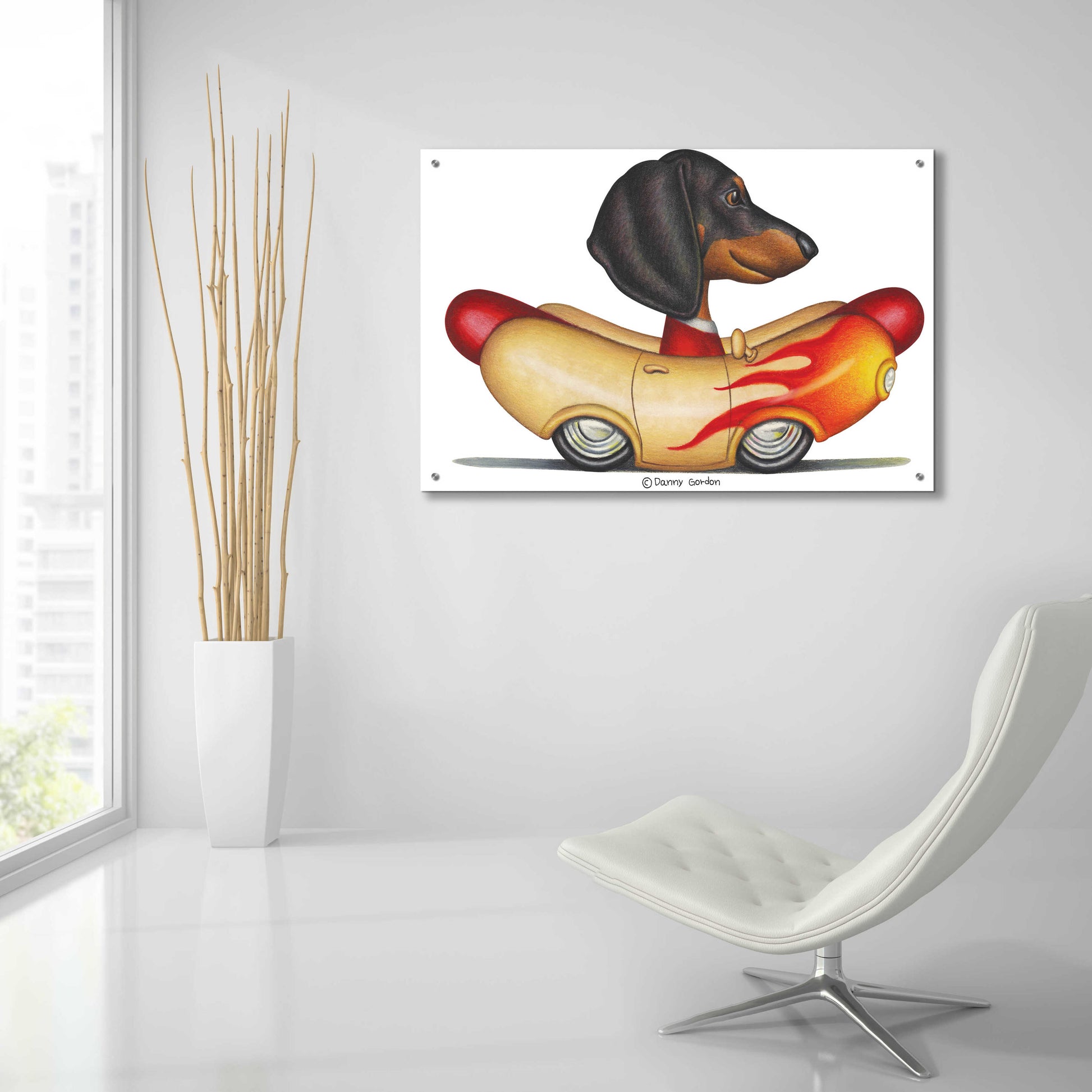 Epic Art 'Black Dachshund Flaming Hotdog Car' by Danny Gordon Art, Acrylic Glass Wall Art,36x24