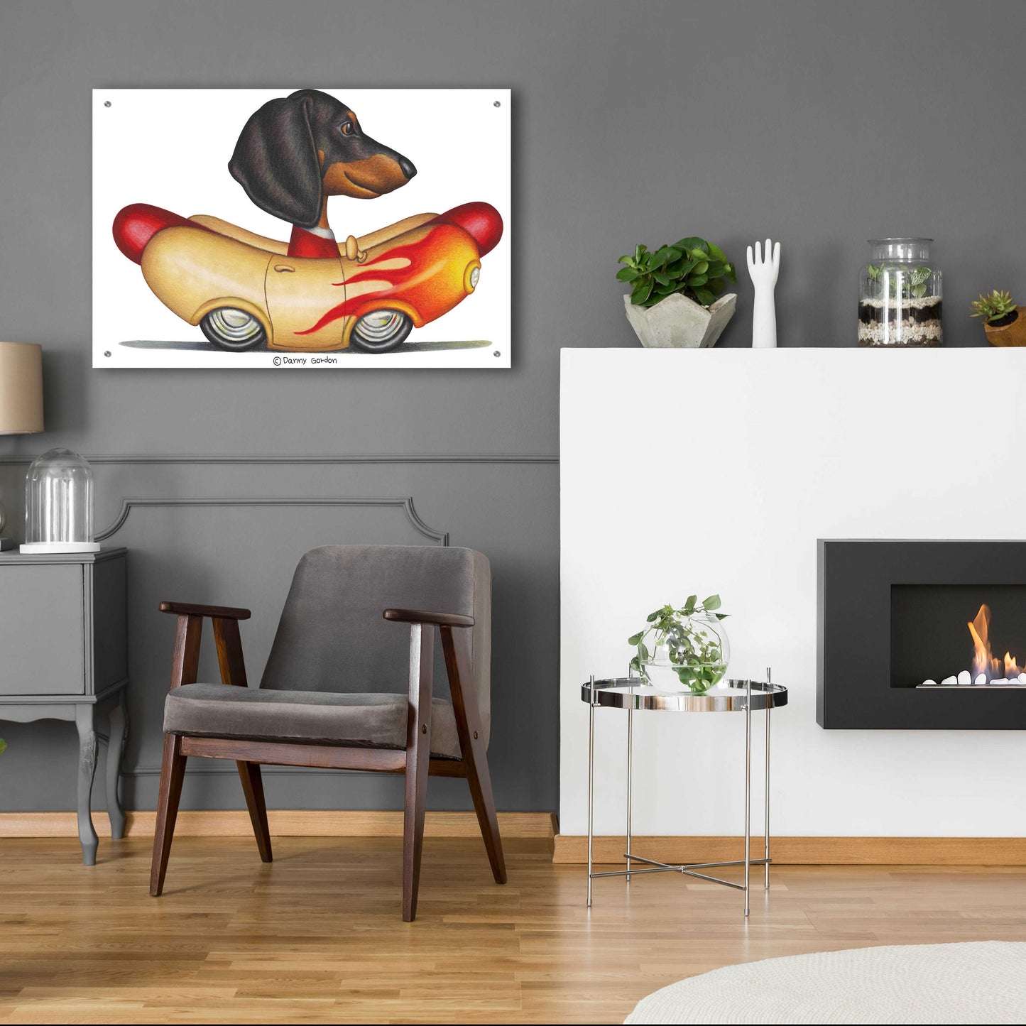 Epic Art 'Black Dachshund Flaming Hotdog Car' by Danny Gordon Art, Acrylic Glass Wall Art,36x24