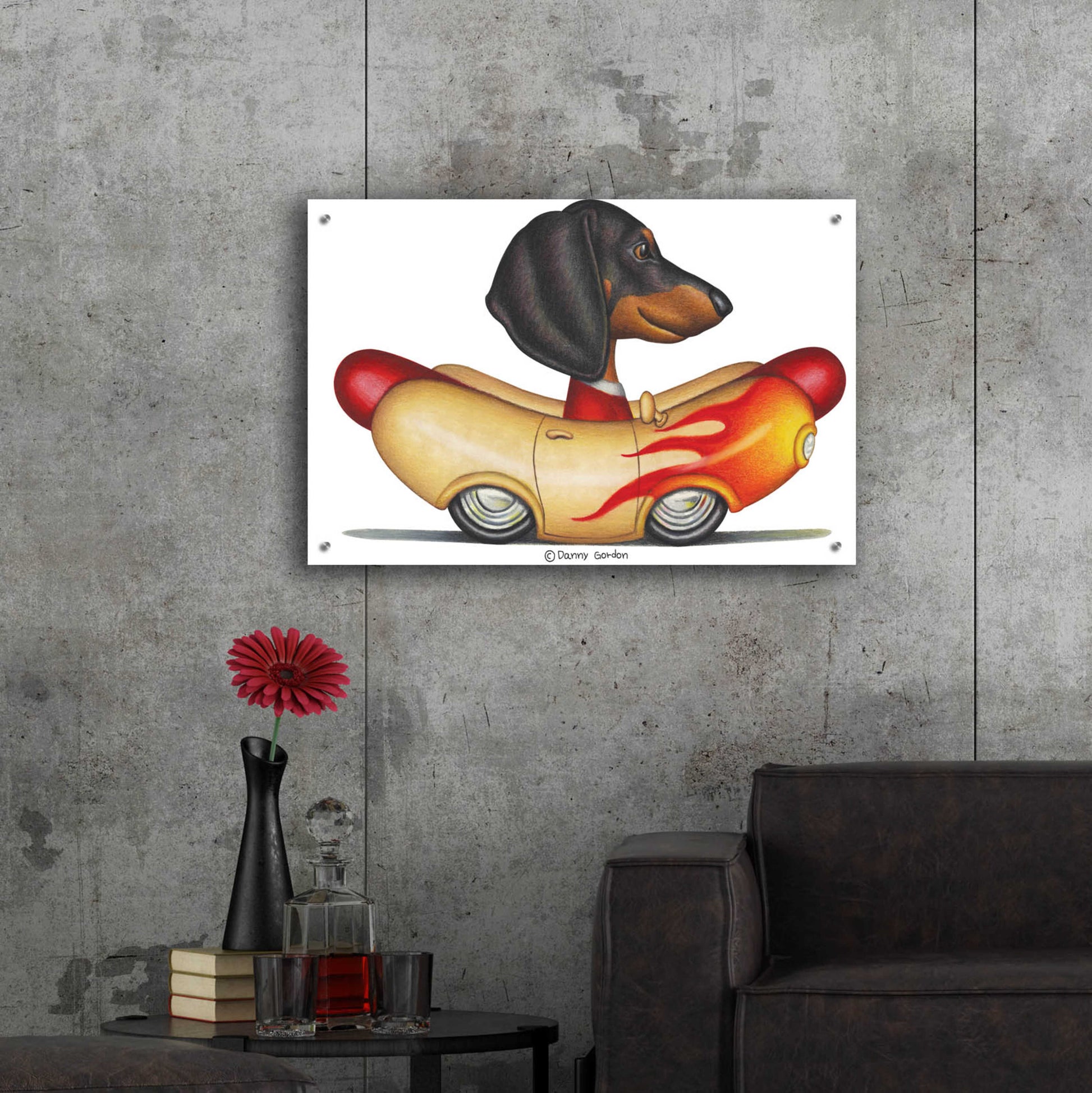 Epic Art 'Black Dachshund Flaming Hotdog Car' by Danny Gordon Art, Acrylic Glass Wall Art,36x24