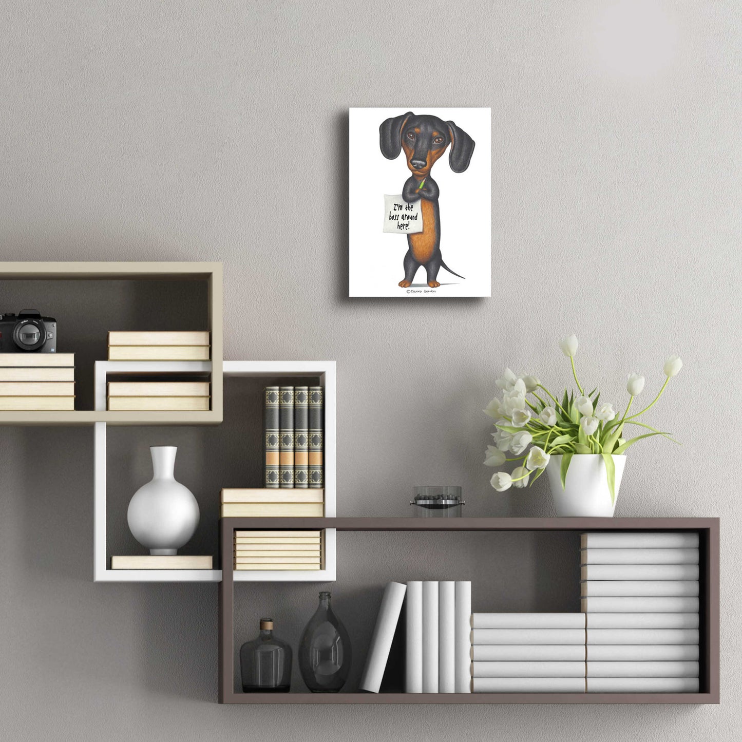 Epic Art 'Black Dachshund Holding Green Pencil' by Danny Gordon Art, Acrylic Glass Wall Art,12x16