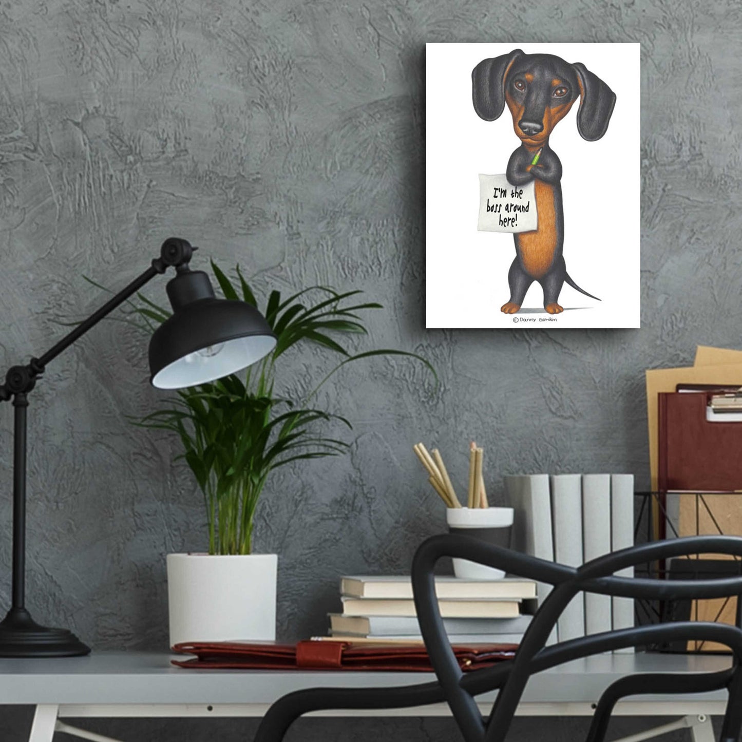 Epic Art 'Black Dachshund Holding Green Pencil' by Danny Gordon Art, Acrylic Glass Wall Art,12x16