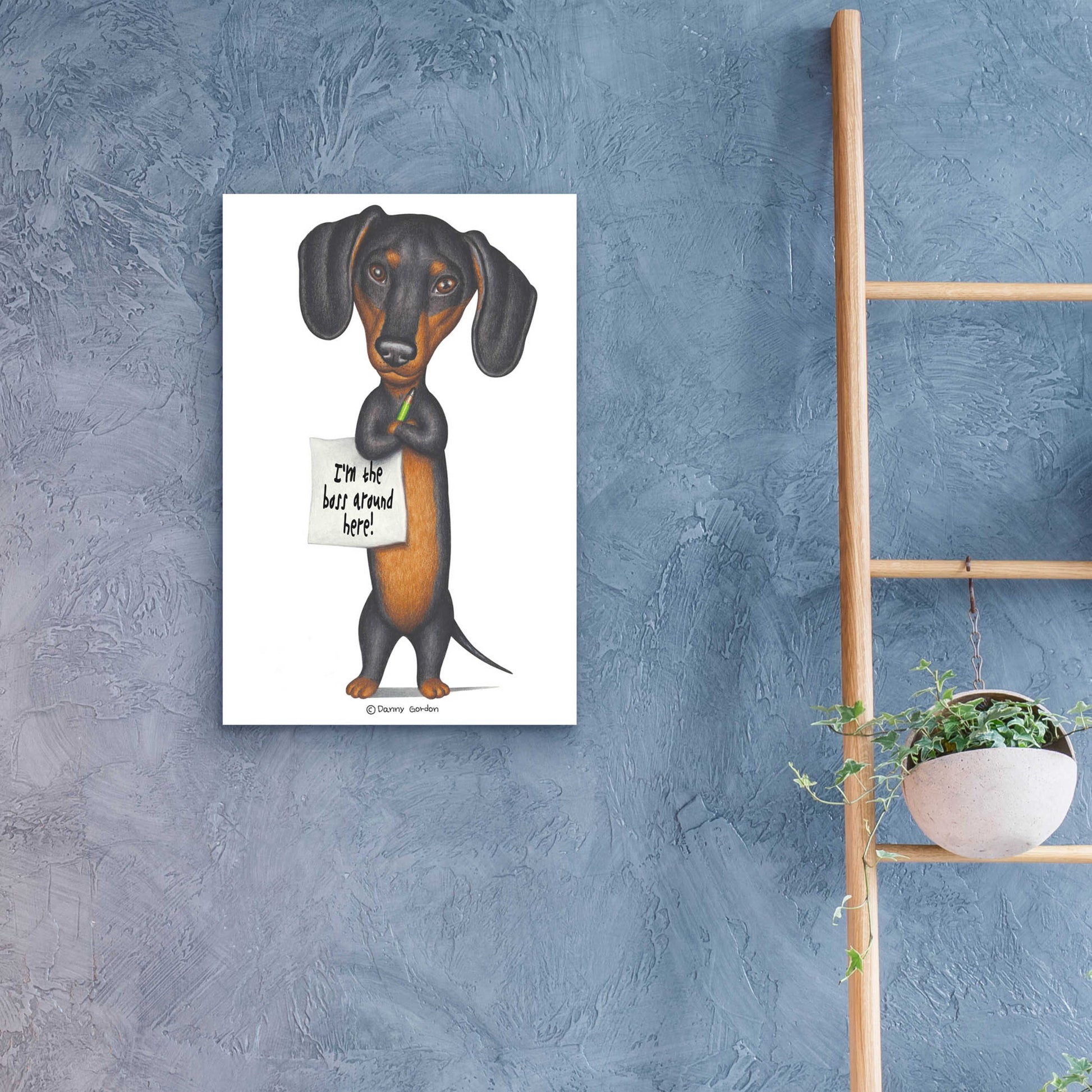 Epic Art 'Black Dachshund Holding Green Pencil' by Danny Gordon Art, Acrylic Glass Wall Art,16x24