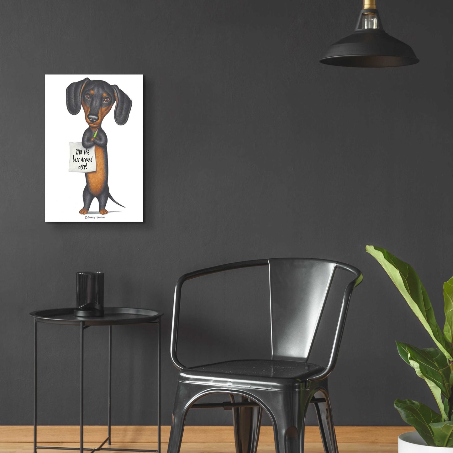 Epic Art 'Black Dachshund Holding Green Pencil' by Danny Gordon Art, Acrylic Glass Wall Art,16x24