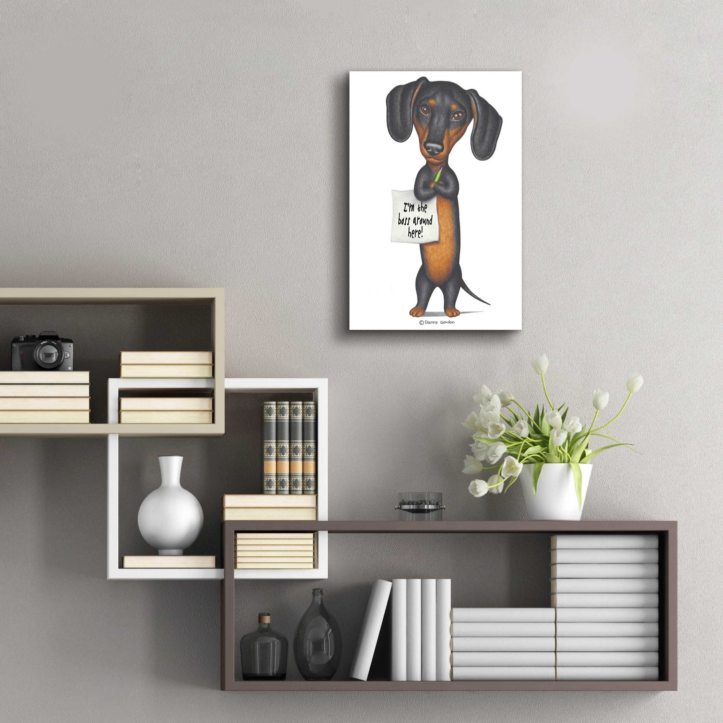 Epic Art 'Black Dachshund Holding Green Pencil' by Danny Gordon Art, Acrylic Glass Wall Art,16x24