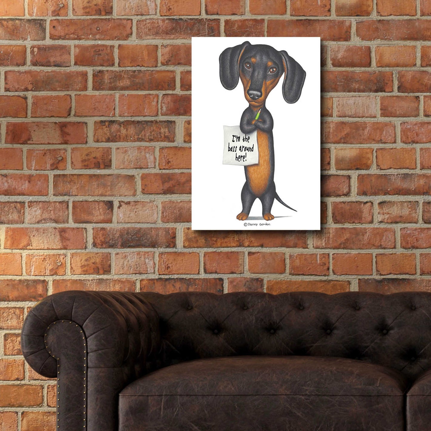 Epic Art 'Black Dachshund Holding Green Pencil' by Danny Gordon Art, Acrylic Glass Wall Art,16x24