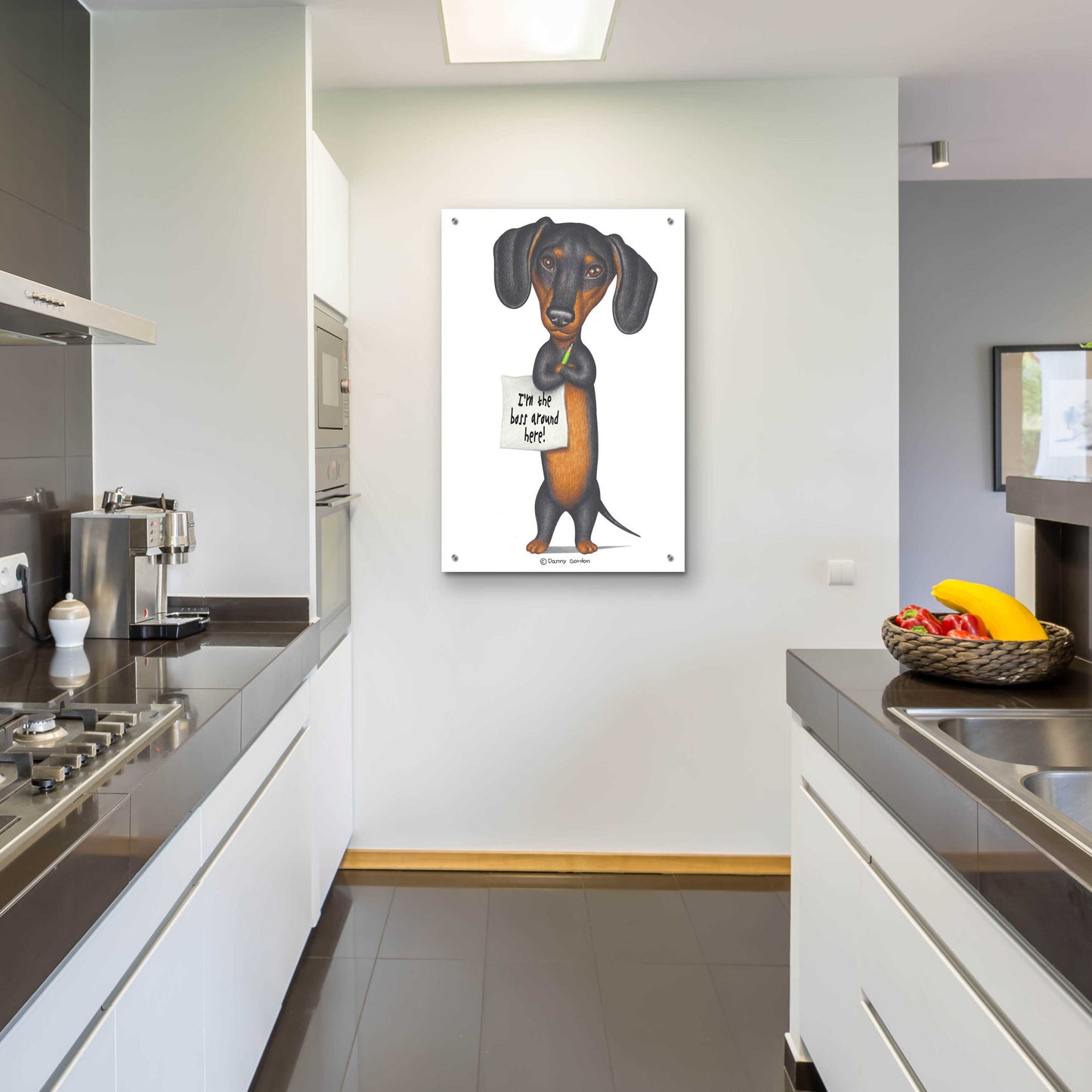 Epic Art 'Black Dachshund Holding Green Pencil' by Danny Gordon Art, Acrylic Glass Wall Art,24x36