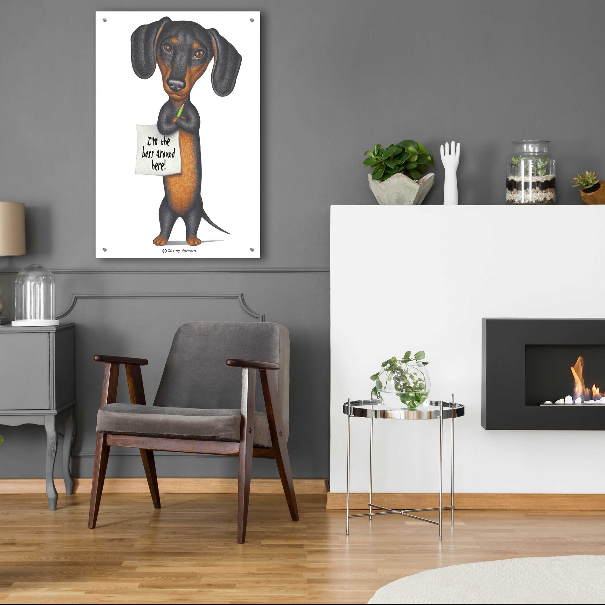 Epic Art 'Black Dachshund Holding Green Pencil' by Danny Gordon Art, Acrylic Glass Wall Art,24x36