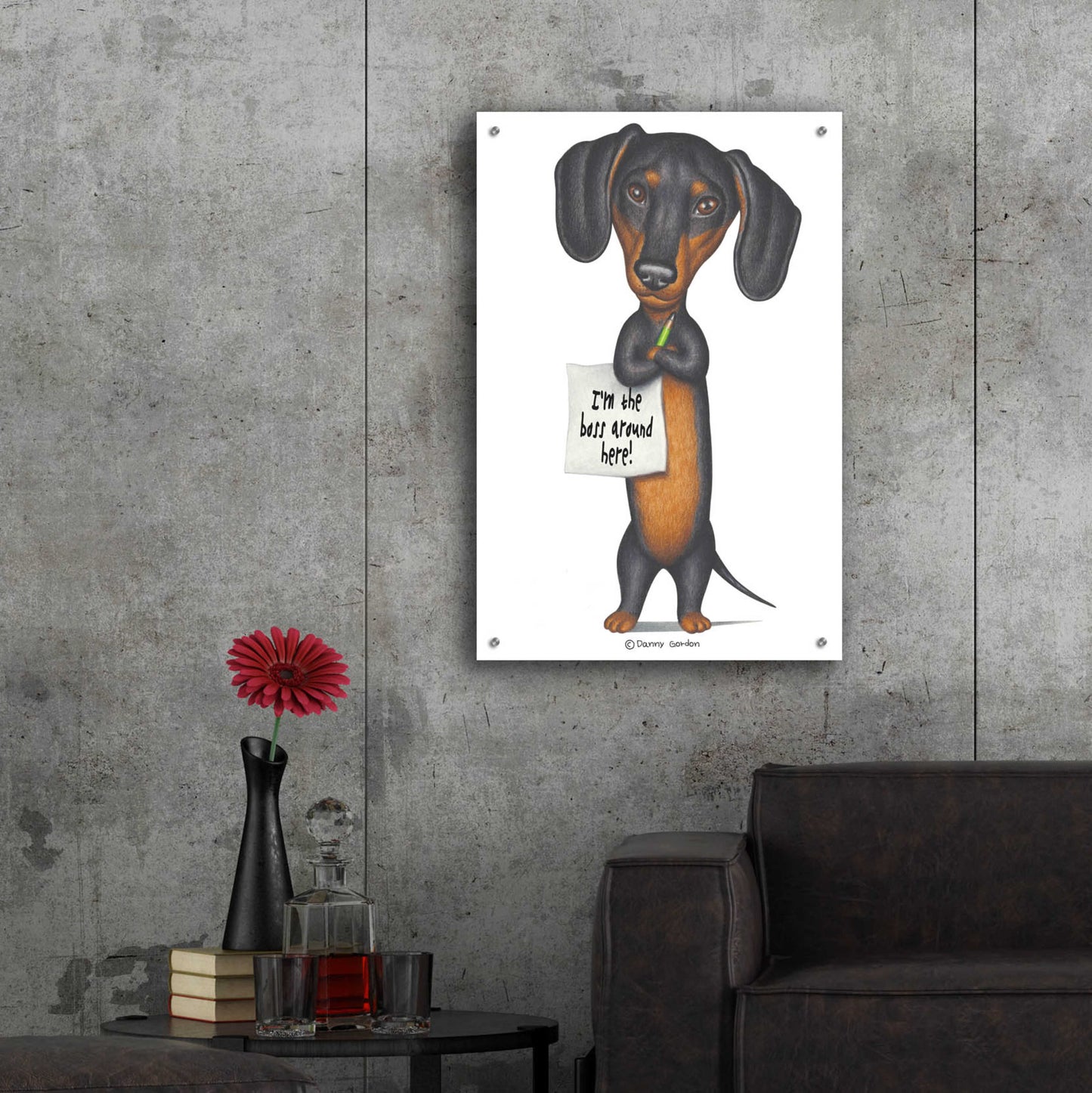 Epic Art 'Black Dachshund Holding Green Pencil' by Danny Gordon Art, Acrylic Glass Wall Art,24x36