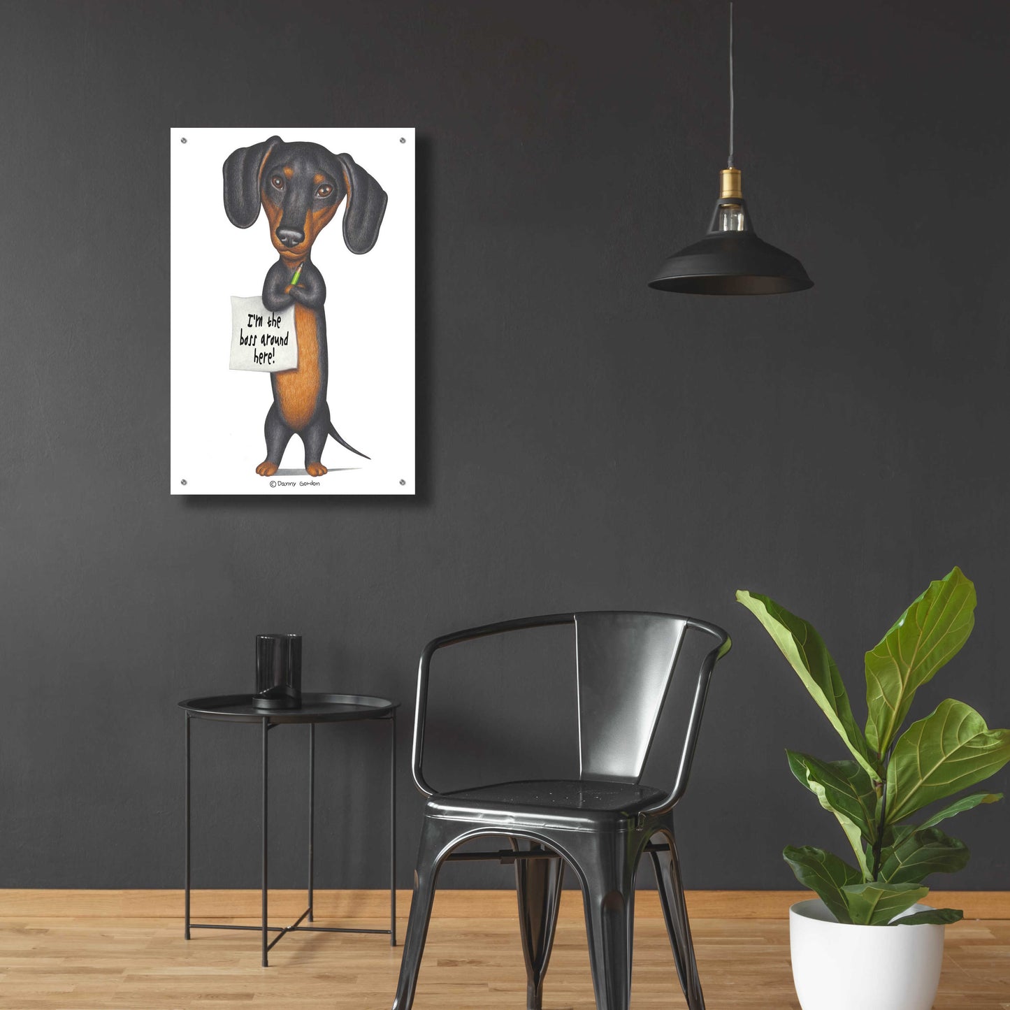 Epic Art 'Black Dachshund Holding Green Pencil' by Danny Gordon Art, Acrylic Glass Wall Art,24x36