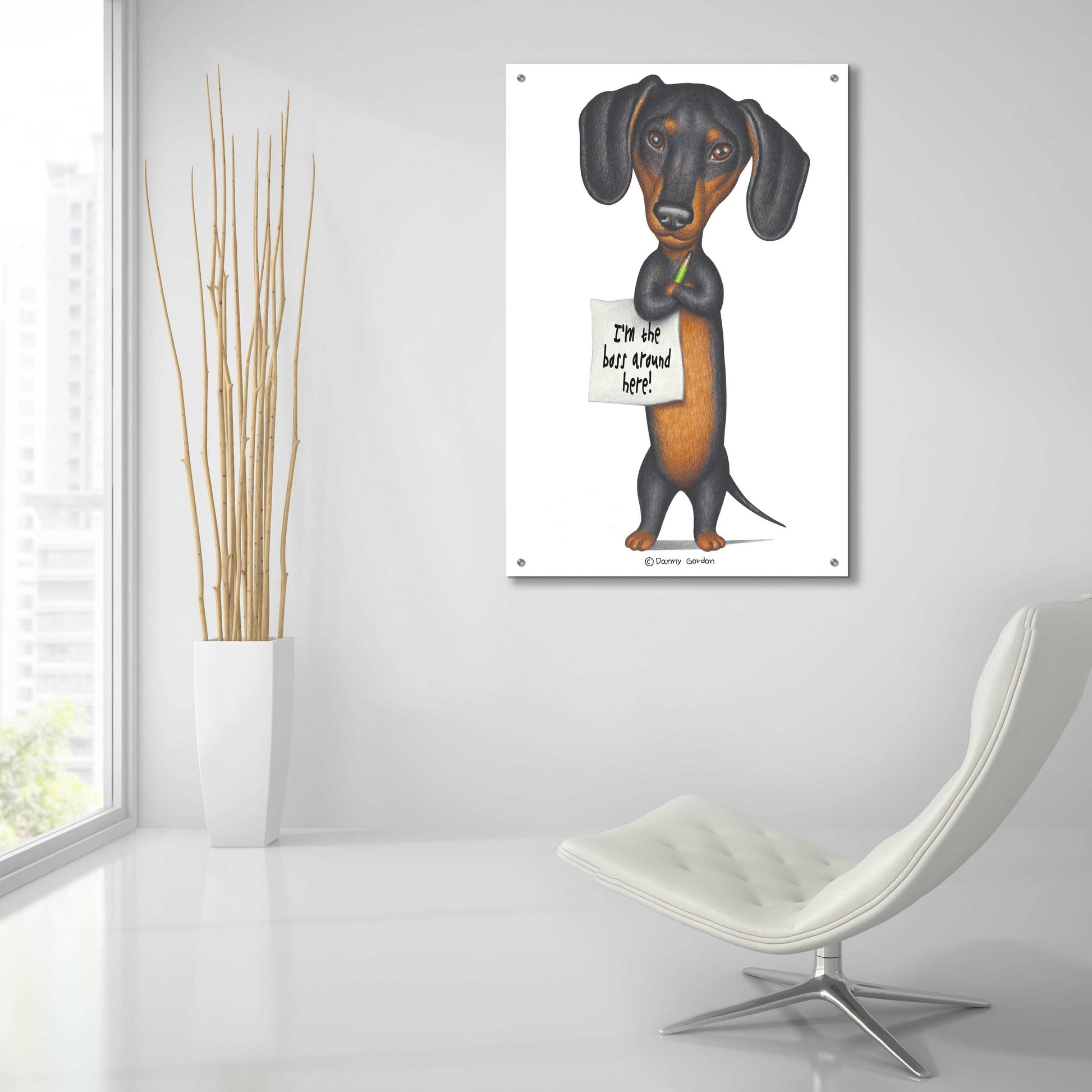 Epic Art 'Black Dachshund Holding Green Pencil' by Danny Gordon Art, Acrylic Glass Wall Art,24x36