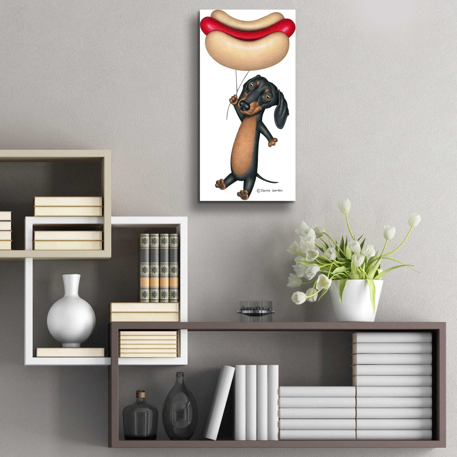 Epic Art 'Black Dachshund Hotdog Balloon' by Danny Gordon Art, Acrylic Glass Wall Art,12x24