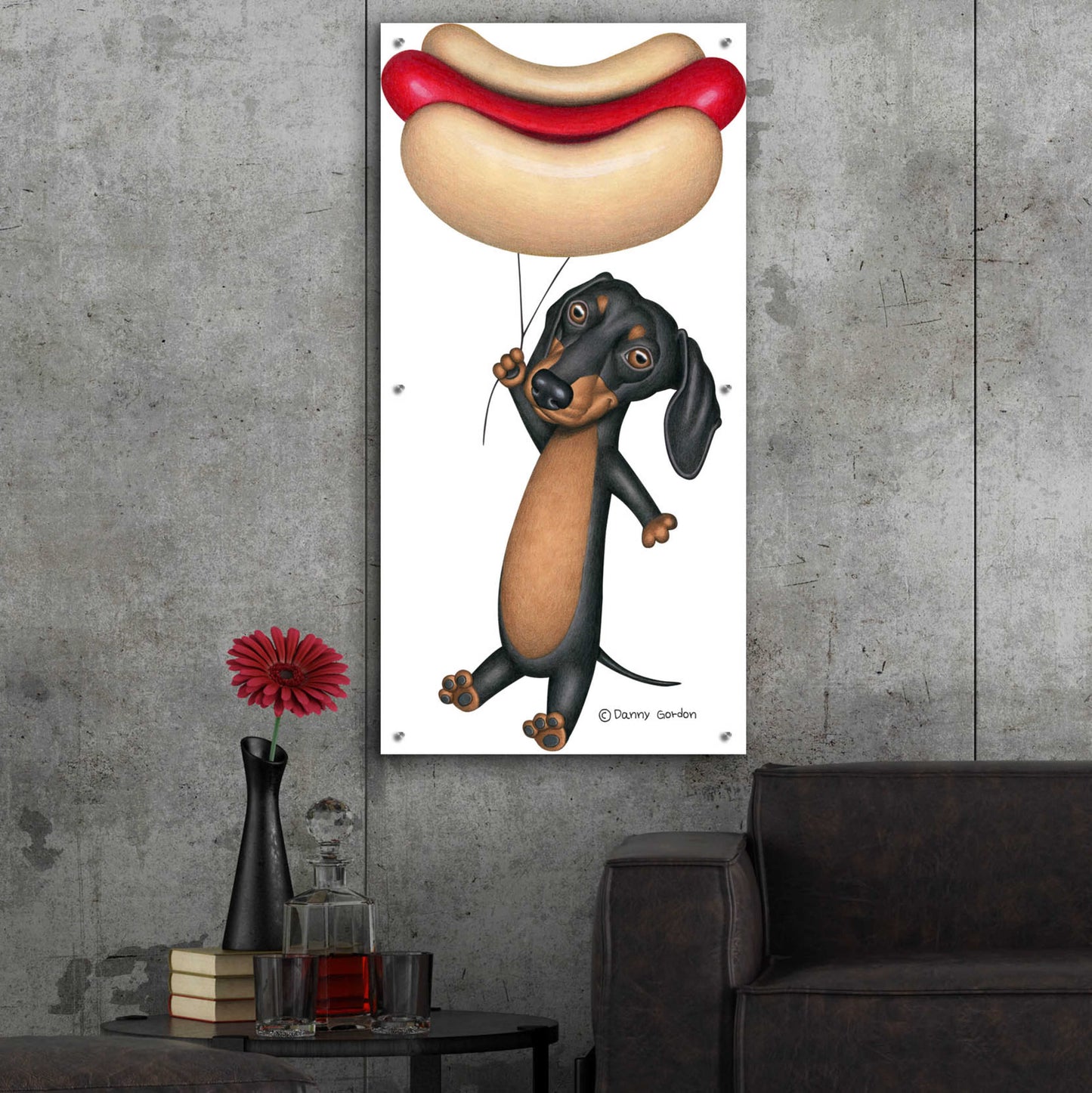 Epic Art 'Black Dachshund Hotdog Balloon' by Danny Gordon Art, Acrylic Glass Wall Art,24x48