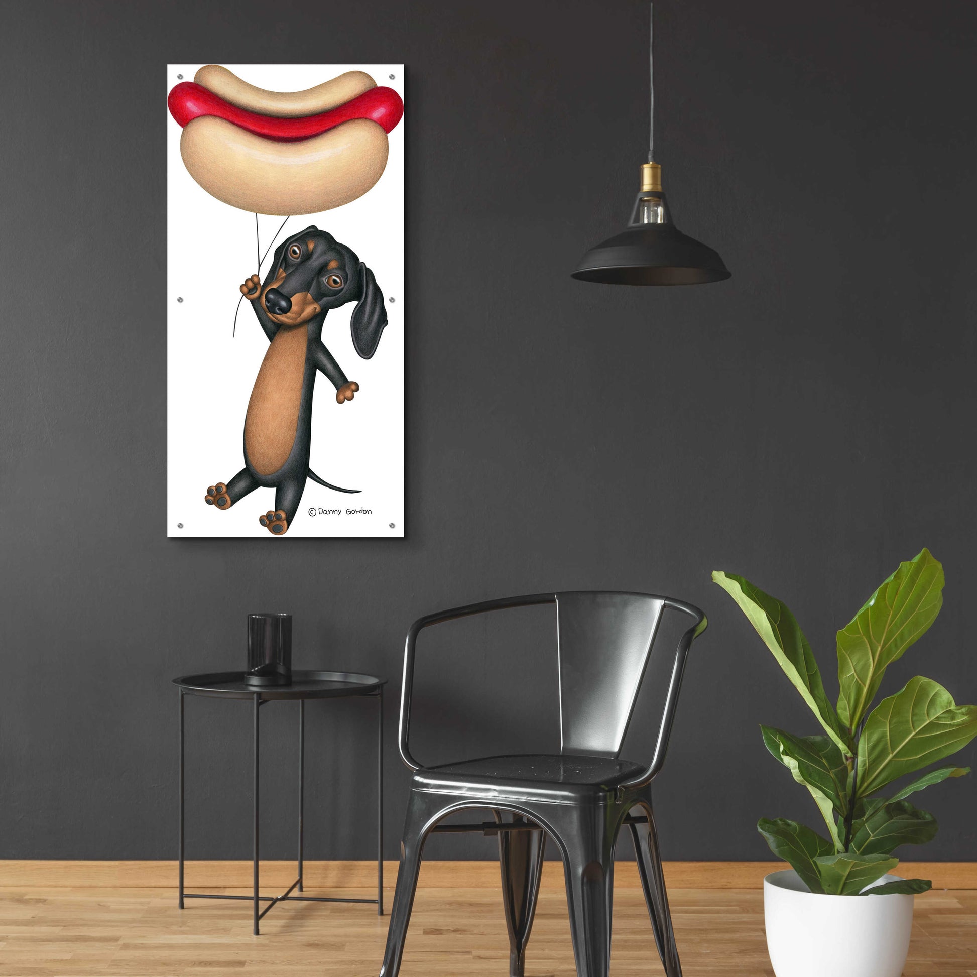 Epic Art 'Black Dachshund Hotdog Balloon' by Danny Gordon Art, Acrylic Glass Wall Art,24x48