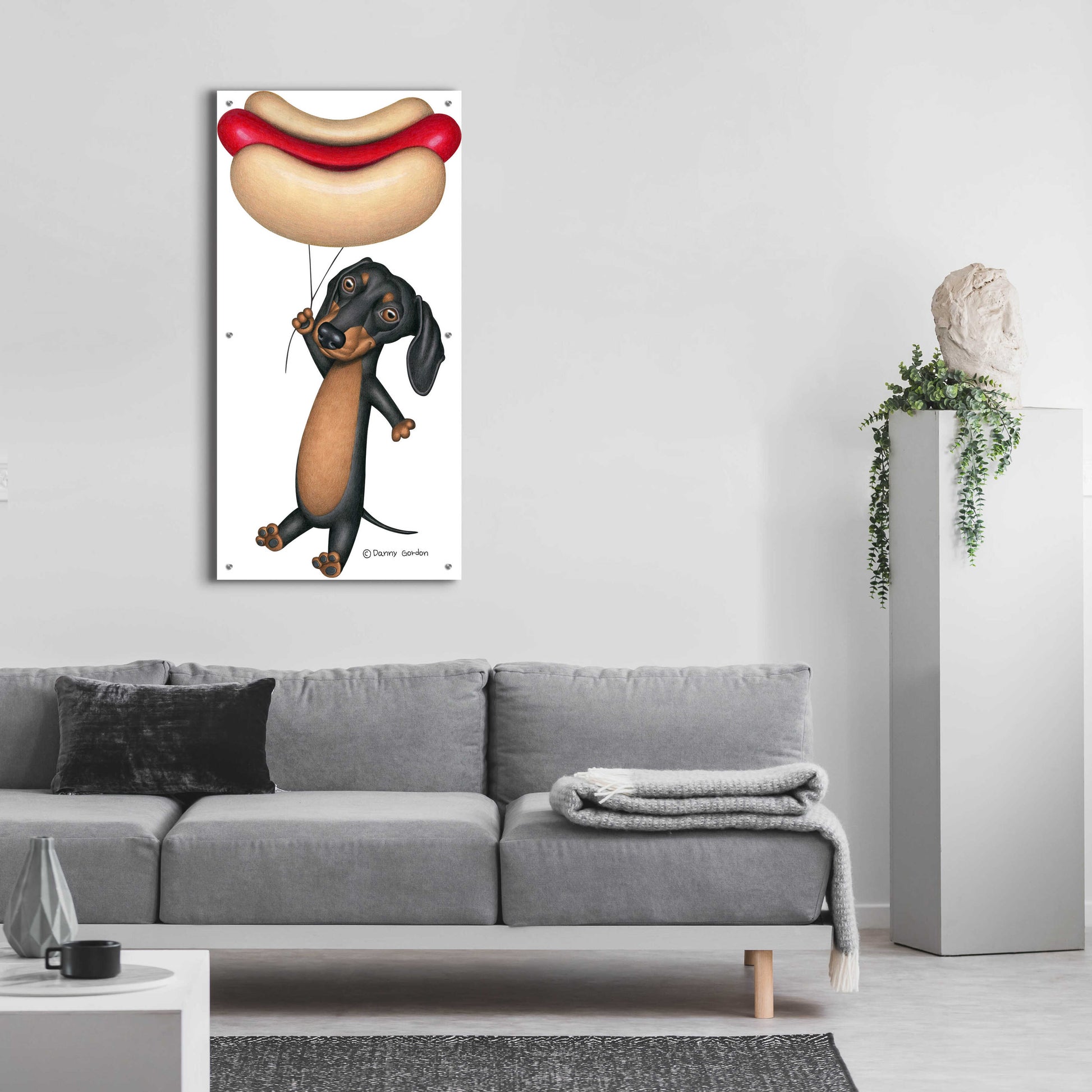 Epic Art 'Black Dachshund Hotdog Balloon' by Danny Gordon Art, Acrylic Glass Wall Art,24x48