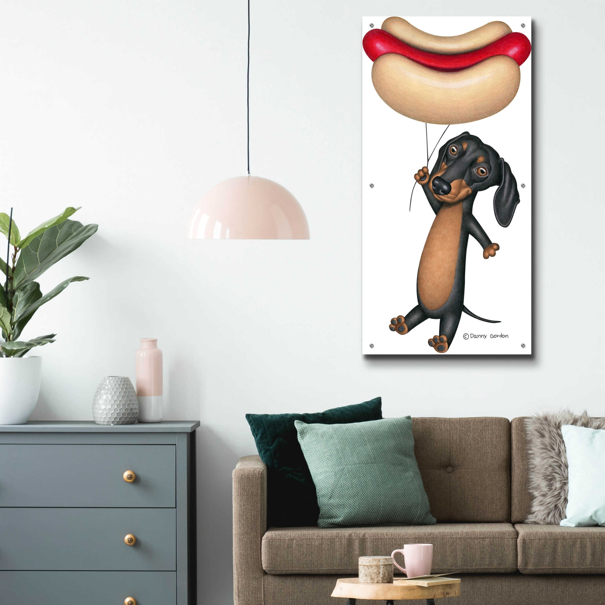 Epic Art 'Black Dachshund Hotdog Balloon' by Danny Gordon Art, Acrylic Glass Wall Art,24x48